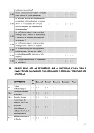 existentes no município?
           Os(as) professores(as) recebem orientação
 61.20                                                         ( )         ( )         ( )   ( )
           sobre normas de saúde preventiva?
           As refeições servidas às crianças seguem
           um cardápio nutricional variado e rico que
 61.21     atenda às necessidades das crianças,                ( )         ( )         ( )   ( )
           inclusive daquelas que necessitam de
           dietas especiais?
           As professoras seguem um programa da
           instituição para a retirada da mamadeira e
 61.22                                                         ( )         ( )         ( )   ( )
           a introdução de alimentos sólidos (frutas,
           verduras etc.)?
           As professoras seguem um programa da
 61.23
           instituição para a retirada da chupeta?
           As professoras seguem um programa da
 61.24
           instituição para a retirada das fraldas?
           A instituição possibilita o acesso ao leite
 61.25                                                         ( )         ( )         ( )   ( )
           materno?
           As crianças demonstram e se sentem bem
 61.26                                                         ( )         ( )         ( )   ( )
           na instituição?


62.       INDIQUE QUAIS SÃO AS ESTRATÉGIAS QUE A INSTITUIÇÃO UTILIZA PARA O
          ENVOLVIMENTO DAS FAMÍLIAS E DA COMUNIDADE E COM QUAL FREQUÊNCIA SÃO
          UTILIZADAS:


                                   Nu
         ESTRATÉGIAS                      Semanal        Mensal      Bimestral   Semestral     Anual
                                   nca
         Festas/
62.1                               ( )    ( )            ( )         ( )         ( )           ( )
         confraternizações
         Atividades nos finais
62.2                               ( )    ( )            ( )         ( )         ( )           ( )
         de semana
62.3     Reuniões de pais          ( )    ( )            ( )         ( )         ( )           ( )
         Apresentação de
         relatórios individuais
         ou grupais
62.4                               ( )    ( )            ( )         ( )         ( )           ( )
         sistematizando a
         produção/desenvolvim
         ento das crianças
         Reunião do Conselho
62.5                               ( )    ( )            ( )         ( )         ( )           ( )
         de Escola


                                                                                                       419
 
