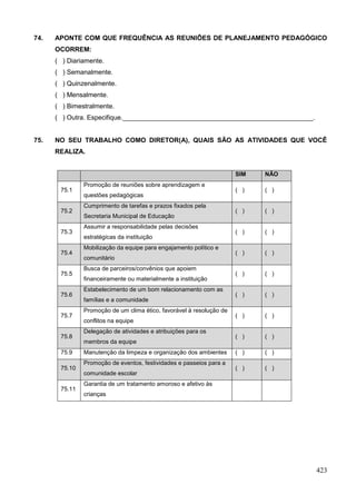 74.   APONTE COM QUE FREQUÊNCIA AS REUNIÕES DE PLANEJAMENTO PEDAGÓGICO
      OCORREM:
      ( ) Diariamente.
      ( ) Semanalmente.
      ( ) Quinzenalmente.
      ( ) Mensalmente.
      ( ) Bimestralmente.
      ( ) Outra. Especifique.____________________________________________________.


75.   NO SEU TRABALHO COMO DIRETOR(A), QUAIS SÃO AS ATIVIDADES QUE VOCÊ
      REALIZA.


                                                                      SIM   NÃO
               Promoção de reuniões sobre aprendizagem e
       75.1                                                           ( )   ( )
               questões pedagógicas
               Cumprimento de tarefas e prazos fixados pela
       75.2                                                           ( )   ( )
               Secretaria Municipal de Educação
               Assumir a responsabilidade pelas decisões
       75.3                                                           ( )   ( )
               estratégicas da instituição
               Mobilização da equipe para engajamento político e
       75.4                                                           ( )   ( )
               comunitário
               Busca de parceiros/convênios que apoiem
       75.5                                                           ( )   ( )
               financeiramente ou materialmente a instituição
               Estabelecimento de um bom relacionamento com as
       75.6                                                           ( )   ( )
               famílias e a comunidade
               Promoção de um clima ético, favorável à resolução de
       75.7                                                           ( )   ( )
               conflitos na equipe
               Delegação de atividades e atribuições para os
       75.8                                                           ( )   ( )
               membros da equipe
       75.9    Manutenção da limpeza e organização dos ambientes      ( )   ( )
               Promoção de eventos, festividades e passeios para a
       75.10                                                          ( )   ( )
               comunidade escolar
               Garantia de um tratamento amoroso e afetivo às
       75.11
               crianças




                                                                                     423
 