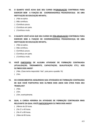 10.   O QUANTO VOCÊ ACHA QUE SEU CURSO DEGRADUAÇÃO CONTRIBUIU PARA
      EXERCER BEM           A FUNÇÃO DE     COORDENADOR(A) PEDAGÓGICO(A)          DE UMA
      INSTITUIÇÃO DE EDUCAÇÃO INFANTIL:
      ( ) Não se aplica.
      ( ) Não contribuiu.
      ( ) Contribuiu pouco.
      ( ) Contribuiu em parte.
      ( ) Contribuiu muito.


11.   O QUANTO VOCÊ ACHA QUE SEU CURSO DE PÓS-GRADUAÇÃO CONTRIBUIU PARA
      EXERCER BEM A FUNÇÃO DE COORDENADOR(A) PEDAGÓGICO(A) DE UMA
      INSTITUIÇÃO DE EDUCAÇÃO INFANTIL:
      ( ) Não se aplica.
      ( ) Não contribuiu.
      ( ) Contribuiu pouco.
      ( ) Contribuiu em parte.
      ( ) Contribuiu muito.


12.   VOCÊ       PARTICIPOU      DE   ALGUMA   ATIVIDADE    DE    FORMAÇÃO    CONTINUADA
      (ATUALIZAÇÃO,         TREINAMENTO,    CAPACITAÇÃO,       QUALIFICAÇÃO    ETC.)   NOS
      ÚLTIMOS DOIS ANOS?
      ( ) Não. (Caso tenha respondido “não”, pule para a questão 16)
      ( ) Sim.


13.   OS CONHECIMENTOS ADQUIRIDOS NAS ATIVIDADES DE FORMAÇÃO CONTINUADA
      DE QUE VOCÊ PARTICIPOU NOS ÚLTIMOS DOIS ANOS SÃO ÚTEIS PARA SEU
      TRABALHO?
      ( ) Não.
      ( ) Sim.
      ( ) Sim, eventualmente.


14.   QUAL A CARGA HORÁRIA DA ATIVIDADE DE FORMAÇÃO CONTINUADA MAIS
      RELEVANTE DA QUAL VOCÊ PARTICIPOUNOS ÚLTIMOS DOIS ANOS?
      ( ) Menos de 20 horas.
      ( ) De 21 a 40 horas.
      ( ) De 41 a 80 horas.
      ( ) Mais de 80 horas.


                                                                                       433
 