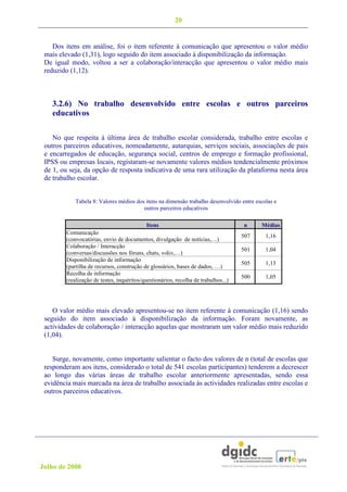 20


    Dos itens em análise, foi o item referente à comunicação que apresentou o valor médio
 mais elevado (1,31), logo seguido do item associado à disponibilização da informação.
 De igual modo, voltou a ser a colaboração/interacção que apresentou o valor médio mais
 reduzido (1,12).



   3.2.6) No trabalho desenvolvido entre escolas e outros parceiros
   educativos

    No que respeita à última área de trabalho escolar considerada, trabalho entre escolas e
 outros parceiros educativos, nomeadamente, autarquias, serviços sociais, associações de pais
 e encarregados de educação, segurança social, centros de emprego e formação profissional,
 IPSS ou empresas locais, registaram-se novamente valores médios tendencialmente próximos
 de 1, ou seja, da opção de resposta indicativa de uma rara utilização da plataforma nesta área
 de trabalho escolar.


            Tabela 8: Valores médios dos itens na dimensão trabalho desenvolvido entre escolas e
                                        outros parceiros educativos

                                            Itens                                   n     Médias
        Comunicação
                                                                                    507    1,16
        (convocatórias, envio de documentos, divulgação de notícias,…)
        Colaboração / Interacção
                                                                                    501    1,04
        (conversas/discussões nos fóruns, chats, wikis,…)
        Disponibilização de informação
                                                                                    505    1,13
        (partilha de recursos, construção de glossários, bases de dados, …)
        Recolha de informação
                                                                                    500    1,05
        (realização de testes, inquéritos/questionários, recolha de trabalhos...)




    O valor médio mais elevado apresentou-se no item referente à comunicação (1,16) sendo
 seguido do item associado à disponibilização da informação. Foram novamente, as
 actividades de colaboração / interacção aquelas que mostraram um valor médio mais reduzido
 (1,04).


    Surge, novamente, como importante salientar o facto dos valores de n (total de escolas que
 responderam aos itens, considerado o total de 541 escolas participantes) tenderem a decrescer
 ao longo das várias áreas de trabalho escolar anteriormente apresentadas, sendo essa
 evidência mais marcada na área de trabalho associada às actividades realizadas entre escolas e
 outros parceiros educativos.




Julho de 2008
 