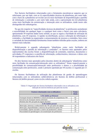26


    Nos factores facilitadores relacionados com a ferramenta encontram-se aspectos que se
 relacionam, por um lado, com as (i) especificidades técnicas da plataforma; por outro lado,
 com o facto de a plataforma ser revelar um (ii) meio facilitador de disponibilização e partilha
 de informação e conteúdos e, por outro lado ainda, com a apresentação da (iii) plataforma
 como meio facilitador da comunicação e interacção entre os utilizadores, tendo assim sido
 distinguidas três subcategorias.

    No que diz respeito às “especificidades técnicas da plataforma” os professores assinalaram
 a acessibilidade em qualquer lugar e a qualquer hora como o factor com mais relevância,
 apresentando 50 respostas dadas neste sentido, ao que se seguiu a facilidade de utilização da
 plataforma, com 45 respostas. A rapidez na distribuição, acesso e alteração de informação e
 conteúdos, a facilidade na organização e armazenamento de recursos e conteúdos, bem como
 a variedade de funcionalidades/ferramentas foram também referidos pelas escolas, embora em
 número mais reduzido.

    Relativamente à segunda subcategoria “plataforma como meio facilitador de
 disponibilização e partilha de informação e conteúdos”, os factores mais apontados pelos
 representantes das escolas foram: a disponibilização de conteúdos, materiais, documentos e
 actividades (71 respostas) e a partilha de informação, conhecimentos, interesses e ideias com
 66 respondentes a indicarem este factor.

    Os dois factores mais apontados pelos docentes dentro da subcategoria “plataforma como
 meio facilitador da comunicação/interacção entre os utilizadores” foram respectivamente a
 possibilidade de comunicação/interacção entre professores e alunos e a possibilidade de
 comunicação entre professores, sendo o primeiro apontado por 44 escolas e o segundo por 21
 escolas.

    Os factores facilitadores da utilização das plataformas de gestão de aprendizagem
 relacionados com os utilizadores subdividiram-se em factores de âmbito profissional e
 factores de âmbito pessoal, como revela a tabela seguinte.


           Tabela 13: Organização dos factores facilitadores relacionados com os utilizadores com
                           indicação do total de referências por parte das escolas

                          Factores relacionados com os utilizadores                     Totais
                                                                                        Absol.
                                          1) De âmbito profissional
          Formação formal no MOODLE e desenvolvimento de competências TIC                 92
          Iniciativas de formação interna (informal)                                      75
          Domínio das TIC por parte de alguns docentes                                    14
                                             2) De âmbito pessoal
          Motivação, interesse e conhecimento das TIC por parte dos alunos                74
          Motivação, disponibilidade e interesse dos professores pelas TIC                47
          Curiosidade, espírito inovador e criativo de professores e alunos               25
          Necessidade de aprendizagem e de actualização dos professores                   17




Julho de 2008
 