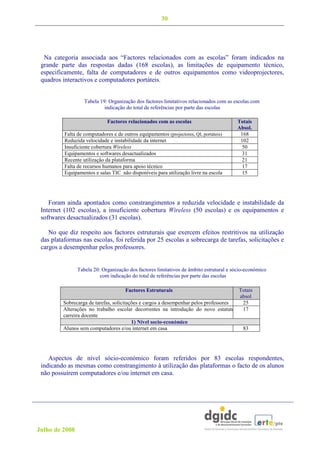 30




  Na categoria associada aos “Factores relacionados com as escolas” foram indicados na
 grande parte das respostas dadas (168 escolas), as limitações de equipamento técnico,
 especificamente, falta de computadores e de outros equipamentos como videoprojectores,
 quadros interactivos e computadores portáteis.


                   Tabela 19: Organização dos factores limitativos relacionados com as escolas com
                            indicação do total de referências por parte das escolas

                              Factores relacionados com as escolas                      Totais
                                                                                        Absol.
          Falta de computadores e de outros equipamentos (projectores, QI, portáteis)    168
          Reduzida velocidade e instabilidade da internet                                102
          Insuficiente cobertura Wireless                                                 50
          Equipamentos e softwares desactualizados                                        31
          Recente utilização da plataforma                                                21
          Falta de recursos humanos para apoio técnico                                    17
          Equipamentos e salas TIC não disponíveis para utilização livre na escola        15




    Foram ainda apontados como constrangimentos a reduzida velocidade e instabilidade da
 Internet (102 escolas), a insuficiente cobertura Wireless (50 escolas) e os equipamentos e
 softwares desactualizados (31 escolas).

    No que diz respeito aos factores estruturais que exercem efeitos restritivos na utilização
 das plataformas nas escolas, foi referida por 25 escolas a sobrecarga de tarefas, solicitações e
 cargos a desempenhar pelos professores.


                Tabela 20: Organização dos factores limitativos de âmbito estrutural e sócio-económico
                          com indicação do total de referências por parte das escolas

                                      Factores Estruturais                            Totais
                                                                                      absol
         Sobrecarga de tarefas, solicitações e cargos a desempenhar pelos professores  25
         Alterações no trabalho escolar decorrentes na introdução do novo estatuto da 17
         carreira docente
                                         1) Nível socio-económico
         Alunos sem computadores e/ou internet em casa                                 83




    Aspectos de nível sócio-económico foram referidos por 83 escolas respondentes,
 indicando as mesmas como constrangimento à utilização das plataformas o facto de os alunos
 não possuírem computadores e/ou internet em casa.




Julho de 2008
 