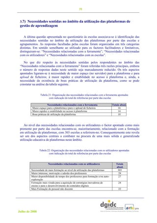 31


 3.7) Necessidades sentidas no âmbito da utilização das plataformas de
 gestão de aprendizagem

    A última questão apresentada no questionário às escolas associava-se à identificação das
 necessidades sentidas no âmbito da utilização das plataformas por parte das escolas e
 agrupamentos. As respostas facultadas pelas escolas foram organizadas em três categorias
 distintas. Em sentido semelhante ao utilizado para os factores facilitadores e limitativos,
 distinguiram-se: “Necessidades relacionadas com a ferramenta”; “Necessidades relacionadas
 com os utilizadores” e “Necessidades relacionadas com as escolas”.

    No que diz respeito às necessidades sentidas pelos respondentes no âmbito das
 “Necessidades relacionadas com a ferramenta” foram referidas três razões principais, embora
 o número de respostas dadas neste sentido seja marcadamente reduzido. Os três aspectos
 apontados ligaram-se à necessidade de maior espaço (no servidor) para a plataforma e para
 upload de ficheiros; à maior rapidez e estabilidade no acesso à plataforma e, ainda, a
 necessidade da existência de boas práticas de utilização da plataforma, como se pode
 constatar na análise da tabela seguinte.


                 Tabela 21: Organização das necessidades relacionadas com a ferramenta apontadas
                         com indicação do total de referências por parte das escolas

                        Necessidades relacionados com a ferramenta                 Totais absol.
          Maior espaço para a plataforma e para o upload de ficheiros                   16
          Maior rapidez e estabilidade no acesso à plataforma                           14
          Boas práticas de utilização da plataforma                                     10



    Ao nível das necessidades relacionadas com os utilizadores o factor apontado como mais
 premente por parte das escolas encontra-se, maioritariamente, relacionado com a formação
 em utilização de plataformas, com 303 escolas a referirem-no. Consequentemente este revela
 ser um dos aspectos centrais a combater na procura de uma mais sólida e generalizada
 utilização educativa de plataformas neste âmbito.


                Tabela 22: Organização das necessidades relacionadas com os utilizadores apontadas
                        com indicação do total de referências por parte das escolas


                        Necessidades relacionadas com os utilizadores                 Totais
                                                                                      absol.
         Necessidade de mais formação ao nível da utilização das plataformas           303
         Maior interesse, motivação e adesão dos professores                           28
         Maior disponibilidade de tempo dos professores para formação e/ou auto-        27
         exploração
         Formação mais virada para a aquisição de estratégias inovadoras de             24
         ensino e para o desenvolvimento de conteúdos digitais
         Mais Formação do pessoal não docente                                           22




Julho de 2008
 