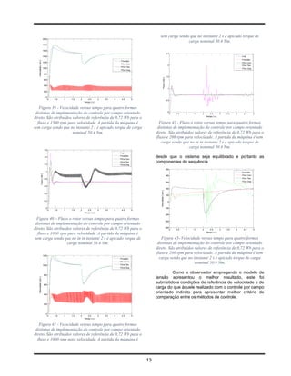 sem carga sendo que no iinstante 2 s é apicado torque de
                           2000
                                                                                                                                 carga nominal 50.4 Nm.
                           1800

                           1600
                                                                                                                                             2.5
                           1400                                                                                                                                                                        Fref
                                                                                                                                                                                                       Fmedido
   Velocidade [ rpm ]




                                                                                          Fmedido
                           1200                                                                                                                                                                        FEst.Corr.
                                                                                          FEst.Corr.
                                                                                                                                              2                                                        FEst.Ten.
                                                                                          FEst.Ten.
                           1000                                                                                                                                                                        FEst.Gop.
                                                                                          FEst.Gop.
                                800
                                                                                                                                             1.5




                                                                                                                             Fluxo [ Wb ]
                                600

                                400
                                                                                                                                              1
                                200

                                 0
                                      0   0.5   1   1.5   2      2.5        3   3.5   4    4.5         5
                                                                                                                                             0.5
                                                              Tempo [ s ]


   Figura 39 - Velocidade versus tempo para quatro formas
 distintas de implementação do controle por campo orientado                                                                                   0
                                                                                                                                                   0   0.5   1   1.5   2      2.5        3   3.5   4    4.5         5
                                                                                                                                                                           Tempo [ s ]
direto. São atribuídos valores de referência de 0,72 Wb para o
  fluxo e 1500 rpm para velocidade. A partida da máquina é                                                        Figura 42 - Fluxo o rotor versus tempo para quatro formas
sem carga sendo que no instante 2 s é apicado torque de carga                                                    distintas de implementação do controle por campo orientado
                       nominal 50.4 Nm.                                                                         direto. São atribuídos valores de referência de 0,72 Wb para o
                                                                                                                fluxo e 200 rpm para velocidade. A partida da máquina é sem
                                                                                                                   carga sendo que no in in instante 2 s é apicado torque de
                                                                                                                                    carga nominal 50.4 Nm.
                                1.6
                                                                                          Fref
                                1.4                                                       Fmedido
                                                                                          FEst.Corr.
                                                                                                                desde que o sistema seja equilibrado e portanto as
                                1.2
                                                                                          FEst.Ten.             componentes de sequência
                                                                                          FEst.Gop.

                                                                                                                                            500
                                 1                                                                                                                                                                     Fmedido
                 Fluxo [ Wb ]




                                                                                                                                            400                                                        FEst.Corr.
                                0.8                                                                                                                                                                    FEst.Ten.
                                                                                                                                            300                                                        FEst.Gop.

                                0.6
                                                                                                                                            200
                                                                                                                   Velocidade [ rpm ]




                                0.4
                                                                                                                                            100

                                0.2                                                                                                           0


                                 0                                                                                                          -100
                                      0   0.5   1   1.5   2      2.5        3   3.5   4    4.5         5
                                                              Tempo [ s ]
                                                                                                                                            -200

 Figura 40 – Fluxo o rotor versus tempo para quatro formas                                                                                  -300
 distintas de implementação do controle por campo orientado
direto. São atribuídos valores de referência de 0,72 Wb para o                                                                              -400
                                                                                                                                                   0   0.5   1   1.5   2      2.5        3   3.5   4    4.5         5
                                                                                                                                                                           Tempo [ s ]
  fluxo e 1000 rpm para velocidade. A partida da máquina é
sem carga sendo que no in in instante 2 s é apicado torque de                                                      Figura 43- Velocidade versus tempo para quatro formas
                    carga nominal 50.4 Nm.                                                                       distintas de implementação do controle por campo orientado
                                                                                                                direto. São atribuídos valores de referência de 0,72 Wb para o
                                                                                                                fluxo e 200 rpm para velocidade. A partida da máquina é sem
                           1200
                                                                                          Fmedido                 carga sendo que no iinstante 2 s é apicado torque de carga
                                                                                          FEst.Corr.
                                                                                          FEst.Ten.
                                                                                                                                       nominal 50.4 Nm.
                           1000
                                                                                          FEst.Gop.


                                800
                                                                                                                         Como o observador empregando o modelo de
                                                                                                                tensão apresentou o melhor resultado, este foi
   Velocidade [ rpm ]




                                600
                                                                                                                submetido a condições de referência de velocidade e de
                                                                                                                carga do que àquele realizado com o controle por campo
                                400
                                                                                                                orientado indireto para apresentar melhor critério de
                                                                                                                comparação entre os métodos de controle.
                                200



                                 0
                                      0   0.5   1   1.5   2      2.5        3   3.5   4    4.5         5
                                                              Tempo [ s ]


   Figura 41 - Velocidade versus tempo para quatro formas
 distintas de implementação do controle por campo orientado
direto. São atribuídos valores de referência de 0,72 Wb para o
  fluxo e 1000 rpm para velocidade. A partida da máquina é



                                                                                                           13
 