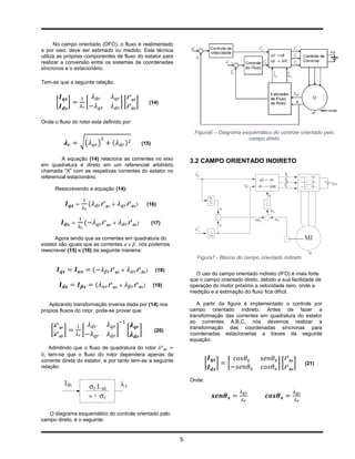 No campo orientado (DFO), o fluxo é realimentado
e por isso, deve ser estimado ou medido. Esta técnica
utiliza as próprias componentes de fluxo do estator para
realizar a conversão entre os sistemas de coordenadas
síncronos e o estacionário.

Tem-se que a seguinte relação:


        [       ]       [            ][       ]       (14)


Onde o fluxo do rotor esta definido por:

                                                                       Figura6 – Diagrama esquemático do controle orientado pelo
                                                                                            campo direto
                    √(      )                     (15)

         A equação (14) relaciona as correntes no eixo               3.2 CAMPO ORIENTADO INDIRETO
em quadratura e direto em um referencial arbitrário
chamada “X” com as respetivas correntes do estator no
referencial estacionário.

        Reescrevendo a equação (14):

                                                      (16)


                                                         (17)

      Agora tendo que as correntes em quadratura do
estator são iguais que as correntes     , nós podemos
reescrever (15) e (16) da seguinte maneira:
                                                                        Figura7 - Blocos do campo orientado indireto

                                                          (18)
                                                                       O uso do campo orientado indireto (IFO) é mais forte
                                                                     que o campo orientado direto, debido a sua facilidade de
                                                         (19)        operação do motor próximo a velocidade zero, onde a
                                                                     medição e a estimação do fluxo fica difícil.

   Aplicando transformação inversa dada por (14) nos                    A partir da figura é implementado o controle por
propios fluxos do rotor, pode-se provar que:                         campo orientado indireto. Antes de fazer a
                                                                     transformação das correntes em quadratura do estator
                                                                     ao correntes A,B,C, nós devemos realizar a
                                                                     transformação das coordenadas síncronas para
    [       ]       [            ]        [       ]       (20)
                                                                     coordenadas estacionarias a traves da seguinte
                                                                     equação:
    Admitindo que o fluxo de quadratura do rotor
 , tem-se que o fluxo do rotor dependera apenas da
corrente direta do estator, e por tanto tem-se a seguinte
relação:
                                                                             [   ]   [                    ][     ]     (21)


                                                                     Onde:




   O diagrama esquemático do controle orientado pelo
campo direto, é o seguinte:


                                                                 5
 