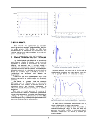 1600


                                                                                         1400


                                                                                         1200




                                                                 Velocidade [ rpm ]
                                                                                         1000


                                                                                             800


                                                                                             600


                                                                                             400


                                                                                             200


                                                                                               0
                                                                                                   0    0.1    0.2     0.3       0.4        0.5      0.6    0.7     0.8      0.9          1
                                                                                                                                         Tempo [ s ]



          Figura 21 – Saída do sistema reduzido.               Figura 22- Velocidade versus tempo para partida sem carga e
                                                                      inserção de torque nominal 50,4 Nm em 0,5 s.


5 RESULTADOS                                                                                 200




     Este capítulo visa aparesentar os resultados                                            150

obtidos a partir dos modelos desenvolvidos e descritos
na seção anterior. Esta dividido em três itens:
                                                                                             100



                                                                             Torque [ Nm ]
transformações de referencial em coordenadas dq0,
controle orientado por campo indireto e controle por
campo orientado direto.                                                                       50



5.1 TRANSFORMAÇÕES DE REFERENCIAL                                                              0


      As transformações de referencial do modelo em
quadratura da máquina de indução é uma ferramenta                                             -50
                                                                                                    0   0.1    0.2      0.3        0.4       0.5      0.6     0.7     0.8      0.9            1
importante no controle e acionamento da máquina.                                                                                          Tempo [ s ]

Sabe-se, por exemplo, que o controle vetorial é                  Figura 23- Torque versus tempo para partida sem carga e
realizado em coordenadas síncronas. Isso facilita o                  inserção de conjugado nominal 50,4 Nm em 0,5 s.
controle pois pode-se aplicar conceitos equivalentes aos
aplicados no controle de máquinas de corrente contínua            Pode-se observar com isso que se a máquina de
desde que o sistema seja equilibrado e portanto as             indução estiver operando em malha aberta existe um
componentes de sequência zero possam ser                       ponto de operação distinto para cada valor de torque.
desprezadas.
   Os resultados que serão apresentados a seguir foram                                       200

obtidos empregando a transformação com amplitude
constante.                                                                                   150

   Para validar os modelos, para os diferentes
diferencias, deve-se observar que os parâmentros
                                                                                             100
                                                                         Torque [ Nm ]




mecânicos de saída, como é o caso do torque e da
velocidade devem ser idênticos independete do
referencial utilizado. Isto se confirma para os modelos                                      50

em estudo.
   Com base no modelo genérico da máquina de                                                   0
indução simulada que tem os parâmetros apresentados,
com a máquina operando em malha aberta e aplicando
                                                                                             -50
um torque de carga nominal no instante de tempo 0.5 s,                                             0     200     400          600        800      1000      1200      1400         1600
                                                                                                                                 Velocidade [ RPM ]
obtêm-se os resultados para velocidade angular e torque
eletromagnética nas figuras subsequentes.                        Figura 24- Torque versus velocidade angular para partida
                                                               sem carga e inserção de conjugado nominal 50,4 Nm em 0,5 s.

                                                                  Os três gráficos mostrados anteriormente são os
                                                               mesmo independente do referencial adotado.
                                                                  Para cada referencial adotado foram observados as
                                                               correntes do estator e o fluxo do rotor, pois estas são
                                                               grandezas que serão medidas ou estimadas quando
                                                               estivermos interessados em realizar o controle por
                                                               campo orientado.


                                                           9
 