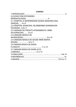 SUMÁRIO
1.INTRODUÇÃO……………………………………………………………3
2.LOCAIS COM ATIVIDADES
DESENVOLVIDAS………………………………..4
2.1 HOSPITAL E MATERNIDADE NOSSA SENHORA DAS
GRAÇAS……4 e 5
2.2 HOSPITAL MUNICIPAL DE BEBERIBE MONSENHOR
DOURADO...5,6 e 7
2.3 UNIDADE DE PRONTO ATENDIMENTO- IRMÃ
SILVEIRA(UPA)..........8 e 9
2.4 UNIDADE BÁSICA DE
SAÚDE(SEDE).................................................9 e 10
2.5 UNIDADE BÁSICA DE SAÚDE IRMÃ MARTA
MOURA……………....10 e 11
2.6 UNIDADE BÁSICA DE SAÚDE
PLANALTO………………………………………………..11 e 12
2.7 UNIDADE BÁSICA DE SAÚDE ALTO
LUMINOSO……………………………………12 e 13
3.CONCLUSÃO…………………………………………………………………………………….13e 14
4.REFERÊNCIAS…………………………………………………………………………………………14
5.ANEXOS………………………………………………………………….………………….15,16 e 17
 