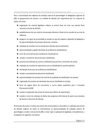 Júri Nacional de Exames – Provas de Aferição | Provas Finais de Ciclo | Exames Nacionais | 2012

Para a concretização dos objetivos da avaliação externa da aprendizagem as delegações regionais do
JNE, os agrupamentos de exames e as unidades de aferição são responsáveis por um conjunto de
ações, tais como:
organização de material legislativo relativo às provas finais de ciclo, aos exames finais
nacionais e provas de aferição;
estabelecimento de uma rede de comunicação eficiente e fiável com as escolas da sua área de
influência;
assegurar um apoio de proximidade às escolas no que diz respeito à aplicação da legislação e
de operacionalização do processo de provas e exames;
realização de reuniões com as escolas para aferição de procedimentos;
operacionalização e gestão das bolsas de professores classificadores;
envio de convocatórias para professores classificadores;
receção e tratamento das provas para classificação;
processo de atribuição de número confidencial que permite o anonimato de escola;
realização de reuniões de supervisores com os classificadores, quando aplicável;
distribuição de provas aos professores classificadores;
receção e processamento das provas classificadas;
operacionalização do processo de controlo da qualidade da classificação nos exames;
organização do processo de devolução das provas classificadas às escolas;
envio de registo diário de ocorrências e outros dados estatísticos para a Comissão
Permanente do JNE;
receção e preparação das provas de exame para efeitos de reapreciação;
receção e envio de remessas de dados dos programas informáticos de apoio aos processos
de exames e de provas de aferição.

O processo de provas e exames dos alunos dos ensinos básico e secundário e a aplicação das provas
de aferição exigiram de todos os intervenientes na operacionalização da avaliação externa da
aprendizagem, escolas e estruturas do JNE, o maior rigor na aplicação da legislação, nomeadamente, a
consignada nos seguintes normativos:

Página | 12

 