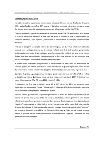 Júri Nacional de Exames – Provas de Aferição | Provas Finais de Ciclo | Exames Nacionais | 2012

DIFERENÇAS ENTRE CE E CIF
No gráfico e quadros seguintes apresentam-se os valores da diferença entre a classificação de exame
(CE) e a classificação interna final (CIF) para as 10 disciplinas com maior número de provas, ao longo
dos últimos quatro anos. Os quadros discriminam esta diferença por regiões (NUTS III).
Para uma análise correta dos dados relativos às diferenças entre CE e CIF, salienta-se o facto de que
se trata de resultados referentes a dois tipos de avaliação distintos e que se desenvolvem em
contextos diferentes, com objetivos, periodicidade e instrumentos de avaliação necessariamente
diferentes.
Trata-se de comparar a avaliação externa das aprendizagens, que é pontual e feita num contexto
nacional, com a avaliação interna, que é contínua, realizada a nível de cada escola e que pretende
também avaliar outro tipo de aprendizagens e conhecimentos, não avaliáveis por uma prova escrita.
Ambas, pelas suas características, complementam-se e têm, cada uma per si e em conjunto, uma
função relevante para o sistema de avaliação das aprendizagens.
A análise destas diferenças, salvaguardadas as características de cada uma das modalidades de
avaliação, poderá, no entanto, constituir-se como um indicador de grande importância para o estudo
das condições do sistema educativo nas disciplinas do ensino secundário, nas várias regiões do país.
Da análise do gráfico seguinte podemos mencionar que a maior diferença entre CE e CIF se verifica
na disciplina de Física e Química A, o que acontece pela primeira vez desde 2009. A disciplina com
menor diferença entre CE e CIF é, em 2012, História A (623).
É interessante verificar que a diferença entre CE e CIF sofreu, em 2012, um aumento muito
significativo nas disciplinas de Física e Química A (715) e Biologia (702) e uma diminuição acentuada
nas disciplinas de Português (639) e de História A (623).
Nos dois últimos quadros desta secção são apresentados os dados das médias das classificações das
mesmas 10 provas, mas apenas tendo em conta os resultados positivos, permitindo uma análise
relativamente aos alunos que tiveram sucesso, bem como, a discriminação do peso dos resultados
“negativos” mais marginais na média final, de forma a complementar a informação dada pelas medidas
de dispersão habituais. A título de exemplo, podemos observar a média das classificações “positivas”
nas provas de Matemática A (635) e de Geometria Descritiva A (708), que se mostra bastante
elevada, o que nos diz que nesta prova existem muitos resultados “negativos” extremos que têm
grande influência na média final.

Página | 56

 