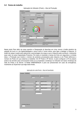 !

5D- !"#$"#%&'%$()*)+,"+
                           Aplicação de Utilizador (Posto) – Aba de Produção




                                                                                  !
Neste posto Para além da caixa operário e Designação já descritas em cima, temos o botão giratório de
seleção de turno e o de ligado/desligado e serve como o nome indica, para ligar e desligar a máquina. O
botão de carga é usado para selecionar a percentagem da carga a que a máquina está a produzir, mostrando
esse valor na caixa Capacidade Produtiva. Por baixo é mostrado o tempo de Ciclo em segundos e à direita
disso, o Produção que mostra o número de produtos processados pela máquina e em Posto define-se o
número do Posto em que estamos a trabalhar. Em IP Posto e IP Server, é para configurar o IP do próprio
posto e do servidor para comunicarem entre si e é mostrado o endereço no indicador em baixo: Endereço de
rede do Posto e do Server. O Botão EMERGÊNCIA é para ser pressionado em caso de emergência,
mostrando ao Supervisor que algo está errado.
!
                                +IJKLMNOP!QR!LMQM!@PSTP!U!+VM!QR!?WMJKQMQR!
!

!
!
!

!
!
!
!

!
!
!
!


!                                                                                                     F!
 
