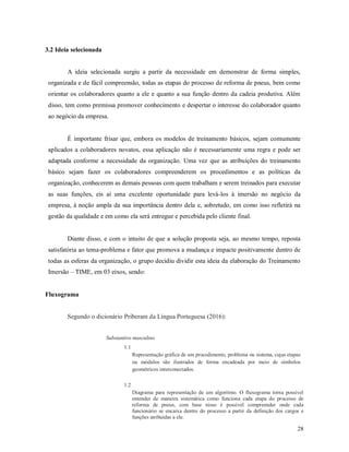 28
3.2 Ideia selecionada
A ideia selecionada surgiu a partir da necessidade em demonstrar de forma simples,
organizada e de fácil compreensão, todas as etapas do processo de reforma de pneus, bem como
orientar os colaboradores quanto a ele e quanto a sua função dentro da cadeia produtiva. Além
disso, tem como premissa promover conhecimento e despertar o interesse do colaborador quanto
ao negócio da empresa.
É importante frisar que, embora os modelos de treinamento básicos, sejam comumente
aplicados a colaboradores novatos, essa aplicação não é necessariamente uma regra e pode ser
adaptada conforme a necessidade da organização. Uma vez que as atribuições do treinamento
básico sejam fazer os colaboradores compreenderem os procedimentos e as políticas da
organização, conhecerem as demais pessoas com quem trabalham e serem treinados para executar
as suas funções, eis aí uma excelente oportunidade para levá-los à imersão no negócio da
empresa, à noção ampla da sua importância dentro dela e, sobretudo, em como isso refletirá na
gestão da qualidade e em como ela será entregue e percebida pelo cliente final.
Diante disso, e com o intuito de que a solução proposta seja, ao mesmo tempo, reposta
satisfatória ao tema-problema e fator que promova a mudança e impacte positivamente dentro de
todas as esferas da organização, o grupo decidiu dividir esta ideia da elaboração do Treinamento
Imersão – TIME, em 03 eixos, sendo:
Fluxograma
Segundo o dicionário Priberam da Língua Portuguesa (2016):
Substantivo masculino
1.1
Representação gráfica de um procedimento, problema ou sistema, cujas etapas
ou módulos são ilustrados de forma encadeada por meio de símbolos
geométricos interconectados.
1.2
Diagrama para representação de um algoritmo. O fluxograma torna possível
entender de maneira sistemática como funciona cada etapa do processo de
reforma de pneus, com base nisso é possível compreender onde cada
funcionário se encaixa dentro do processo a partir da definição dos cargos e
funções atribuídas a ele.
 