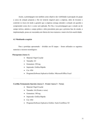 31
Assim, a prototipagem tem também como objetivo dar visibilidade à percepção do grupo
a cerca da solução proposta a fim de torná-la tangível para a empresa, além de levantar e
controlar os riscos de modo a garantir que a empresa consiga entender a solução em questão e
compreender como ela é e como será aplicada. Por fim, é na prototipagem que o estudo sai do
campo teórico, adentra o campo prático e abre precedente para que a próxima fase do estudo, a
implementação, possa ser executada com fatores de risco menores e maior nível de assertividade.
4.1 Modelando o negócio
Para o protótipo apresentado – dividido em 03 etapas – foram utilizados os seguintes
materiais e recursos tecnológicos:
Fluxograma (Anexo 1)
 Material: Papel Couché
 Tamanho: A3
 Gramatura: 220 mg
 Impressão: Gráfica Rápida
 Cor: 4X4
 Programa/Software/Aplicativo Gráfico: Microsoft Office Excel
Cartilha Treinamento Imersão (Anexo 2 – Frente/ Anexo 3 – Verso)
 Material: Papel Couché
 Tamanho: A4 (Frente e verso)
 Gramatura: 180 mg
 Impressão: Gráfica Rápida
 Cor: 4X4
 Programa/Software/Aplicativo Gráfico: Suíte CorelDraw X3
 