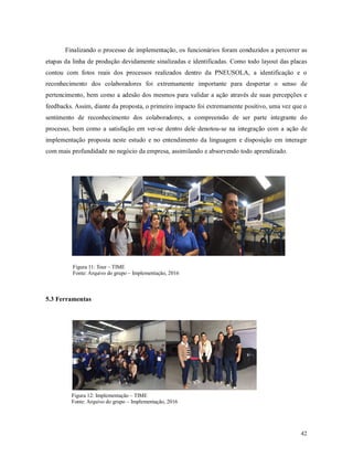 42
Finalizando o processo de implementação, os funcionários foram conduzidos a percorrer as
etapas da linha de produção devidamente sinalizadas e identificadas. Como todo layout das placas
contou com fotos reais dos processos realizados dentro da PNEUSOLA, a identificação e o
reconhecimento dos colaboradores foi extremamente importante para despertar o senso de
pertencimento, bem como a adesão dos mesmos para validar a ação através de suas percepções e
feedbacks. Assim, diante da proposta, o primeiro impacto foi extremamente positivo, uma vez que o
sentimento de reconhecimento dos colaboradores, a compreensão de ser parte integrante do
processo, bem como a satisfação em ver-se dentro dele denotou-se na integração com a ação de
implementação proposta neste estudo e no entendimento da linguagem e disposição em interagir
com mais profundidade no negócio da empresa, assimilando e absorvendo todo aprendizado.
Figura 11: Tour – TIME
Fonte: Arquivo do grupo – Implementação, 2016
5.3 Ferramentas
Figura 12: Implementação – TIME
Fonte: Arquivo do grupo – Implementação, 2016
 