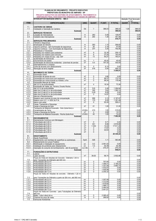 INTERCEPTOR MARGEM DIREITA - IMD-3
ITEM ESPECIFICAÇÃO UNID. QUANT. P.UNIT. P.TOTAL QUANT. P.TOTAL
1 - CANTEIRO DE OBRAS
1.1 Instalação e Operação do Canteiro Gb 1 388,03 388,03 1,00 388,03
Subtotal 388,03 388,03
2 - SERVIÇOS TÉCNICOS
2.1 Locação de Interceptores m 263 0,49 128,87 0,00
2.2 Cadastro das Interceptores m 263 1,30 341,90 0,00
Subtotal 470,77 0,00
3 - SERVIÇOS PRELIMINARES
3.1 Trânsito e Segurança
3.1.1 Sinalização de trânsito m 263 1,14 299,82 0,00
3.1.2 Tapume contínuo - sem iluminação de segurança m 26 2,19 57,60 0,00
3.1.3 Tapume Contínuo - Com Iluminação de Segurança m 237 3,35 792,95 0,00
3.2 Passadiços e Travessias 0,00
3.2.1 Passadiço de madeira para pedestres m² 8 32,39 259,12 0,00
3.2.2 Passadiço de madeira para veículos m² 6 27,24 163,44 0,00
3.2.3 Passadiço em chapa de aço - esp. 5/8" m² 13 60,27 783,51 0,00
3.3 Sustentação de Estruturas 0,00
3.3.1 Escoramento de postes un. 1 45,42 45,42 0,00
3.3.2 Sustentação de estruturas existentes - pranchas de peroba m³ 0,4 757,32 302,93 0,00
3.4 Desmatamennto e Limpeza 0,00
3.4.1 Corte de árvores com destocamento un. 0 6,13 0,00 0,00
3.4.2 Remoção de terra vegetal m² 918 0,54 495,72 0,00
Subtotal 3 200,51 0,00
4 - MOVIMENTO DE TERRA
4.1 Escavação Geral
4.1.1 Escavação de jazida de solo m³ 0 3,86 0,00 0,00
4.1.2 Escavação em rocha dura com explosivo m³ 2 86,37 172,74 0,00
4.1.3 Escavação em rocha branda ou moledo, a frio m³ 2 88,24 176,48 0,00
4.2 Escavação Manual de Valas 0,00
4.2.1 Até 2,0 m de profundidade m³ 4 18,34 73,36 0,00
4.3 Escavação de Valas, qq. Terreno, Exceto Rocha 0,00
4.3.1 Até 2,0 m de profundidade m³ 516 2,49 1 284,84 0,00
4.3.2 Além de 2,0 até 4,0 m de profundade m³ 355 3,62 1 285,10 0,00
4.3.3 Além de 4,0 até 6,0 m de profundade m³ 0,00 8,09 0,00 0,00
4.3.4 Além de 6,0 até 8,0 m de profundade m³ 0 14,97 0,00 0,00
4.4 Aterros e Recobrimentos 0,00
4.4.1 Reaterro sem controle do grau de compactação m³ 699 3,13 2 187,87 0,00
4.4.2 Raterro com G.C. >= 95% do P.N. m³ 172 8,09 1 391,48 0,00
4.4.2 Aterro com areia m³ 9 65,49 589,41 0,00
4.5 Carga, Transporte e Descarga 0,00
4.5.1 Carga e Descarga de Solo m³ 21 1,50 31,50 0,00
4.5.2
Transporte de Material Escavado - Solo (bota-fora) e
Fornecimento de Terra m³xKm 210 1,50 315,00 0,00
4.5.3 Carga e Descarga de Rocha m³ 4 2,68 10,72 0,00
4.5.4 Transporte de Material Escavado - Rocha (bota-fora) m³xKm 40 1,85 74,00 0,00
Subtotal 7 592,50 0,00
5 - ESCORAMENTOS
5.1 Escoramento Contínuo com Blindagem
5.1.1 Profundiade até 3,00 m m² 0 5,71 0,00 0,00
5.1.2 Profundiade até 4,00 m m² 341 8,56 2 918,96 0,00
5.1.3 Profundiade até 5,00 m m² 1 433 12,22 17 511,26 0,00
5.1.4 Profundiade até 6,00 m m² 0 17,67 0,00 0,00
5.1.5 Profundiade até 7,00 m m² 0 22,63 0,00 0,00
5.1.6 Profundiade até 8,00 m m² 0 0,00 0,00
Subtotal 20 430,22 0,00
6 - ESGOTAMENTO
6.1 Águas Superficiais
6.1.1 Esgotamento com bombas de superfície ou submersas hpxh 526 1,11 583,86 0,00
6.2 Rebaixamento do Lençol Freático 0,00
6.2.1 Mobilização e instalação do equipamento un. 0,0 2 591,02 0,00 0,00
6.2.2 Instalaçao de ponteiras para rebaixamento un. 1,0 92,38 92,38 0,00
6.2.3 Operação do conjunto de bombeamento - até 40 ponteiras cj x dia 1 270,37 270,37 0,00
Subtotal 946,61 0,00
7 - FUNDAÇÕES E ESTRUTURAS
7.1 Lastros
7.1.1 Lastro de brita m³ 39,00 66,74 2 602,86 0,00
7.2
Poços de Visita em Aduelas de Concreto - Diâmetro 1,00 m:
para Tubulações de Diâmetro até 400 mm 0,00
7.2.1 Profundidade até 2,0 m un. 0 757,60 0,00 0,00
7.2.2 Profundidade até 3,0 m un. 3 1 056,41 3 169,23 0,00
7.2.3 Profundidade até 4,0 m un. 2 1 331,55 2 663,10 0,00
7.2.4 Profundidade até 5,0 m un. 0 1 572,07 0,00 0,00
7.2.5 Profundidade até 6,0 m un. 0 1 935,98 0,00 0,00
7.2.6 Profundidade até 7,0 m un. 0 2 205,32 0,00 0,00
7.3
Poços de Visita em Aduelas de concreto - Diâmetro 1,20 m:
para Tubulações de Diâmetro a partir de 500 mm, até 800 mm 0,00
7.3.1 Profundidade até 2,0 m un. 0 1 007,99 0,00 0,00
7.3.2 Profundidade até 3,0 m un. 0 1 313,92 0,00 0,00
7.3.3 Profundidade até 4,0 m un. 0 1 679,64 0,00 0,00
7.3.4 Profundidade até 5,0 m un. 0 1 999,77 0,00 0,00
7.3.5 Profundidade até 6,0 m un. 0 2 484,00 0,00 0,00
7.3.6 Profundidade até 7,0 m un. 0 2 841,61 0,00 0,00
7.4
Poços de Visita em Concreto - para Tubulações de Diâmetro
900 mm 0,00
7.4.1 Balão: 1,60x1,60x2,00 m un. 0 2 085,42 0,00 0,00
7.4.2 Chaminé do poço de visita m 0 289,92 0,00 0,00
7.5 Estruturas Acessórias 0,00
PLANILHA DE ORÇAMENTO - PROJETO EXECUTIVO
PREFEITURA DO MUNICÍPIO DE AMPARO - SP
PROJETO EXECUTIVO DO SISTEMA DE AFASTAMENTO, TRATAMENTO E
DISPOSIÇÃO FINAL DOS ESGOTOS URBANOS DA CIDADE DE AMPARO
Medição Final facturada
n.º 31
Anexo V / ORÇ-IMD-3 (anulado) 1 / 2
 