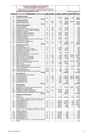 INTERCEPTOR MARGEM ESQUERDA - IME-3
ITEM ESPECIFICAÇÃO UNID. QUANT. P.UNIT. P.TOTAL QUANT. P.TOTAL
1 - CANTEIRO DE OBRAS
1.1 Instalação e Operação do Canteiro Gb 1 600,82 600,82 1,00 600,82
Subtotal 600,82 600,82
2 - SERVIÇOS TÉCNICOS
2.1 Locação de Interceptores m 582 0,49 285,18 585,54 286,91
2.2 Cadastro das Interceptores m 582 1,30 756,60 0,00
Subtotal 1 041,78 286,91
3 - SERVIÇOS PRELIMINARES
3.1 Trânsito e Segurança
3.1.1 Sinalização de trânsito m 582 1,14 663,48 0,00
3.1.2 Tapume contínuo - sem iluminação de segurança m 58 2,19 127,46 0,00
3.1.3 Tapume Contínuo - Com Iluminação de Segurança m 524 3,35 1 754,73 0,00
3.2 Passadiços e Travessias 0,00
3.2.1 Passadiço de madeira para pedestres m² 17 32,39 550,63 0,00
3.2.2 Passadiço de madeira para veículos m² 12 27,24 326,88 0,00
3.2.3 Passadiço em chapa de aço - esp. 5/8" m² 29 60,27 1 747,83 0,00
3.3 Sustentação de Estruturas 0,00
3.3.1 Escoramento de postes un. 1 45,42 45,42 0,00
3.3.2 Sustentação de estruturas existentes - pranchas de peroba m³ 0,9 757,32 681,59 0,00
3.4 Desmatamennto e Limpeza 0,00
3.4.1 Corte de árvores com destocamento un. 0 6,13 0,00 0,00
3.4.2 Remoção de terra vegetal m² 1 992 0,54 1 075,68 745,97 402,82
Subtotal 6 973,70 402,82
4 - MOVIMENTO DE TERRA
4.1 Escavação Geral
4.1.1 Escavação de jazida de solo m³ 0 3,86 0,00 0,00
4.1.2 Escavação em rocha dura com explosivo m³ 4 86,37 345,48 0,00
4.1.3 Escavação em rocha branda ou moledo, a frio m³ 4 88,24 352,96 0,00
4.2 Escavação Manual de Valas 0,00
4.2.1 Até 2,0 m de profundidade m³ 9 18,34 165,06 0,00
4.3 Escavação de Valas, qq. Terreno, Exceto Rocha 0,00
4.3.1 Até 2,0 m de profundidade m³ 1 037 2,49 2 582,13 1133,29 2 821,89
4.3.2 Além de 2,0 até 4,0 m de profundade m³ 611 3,62 2 211,82 597,71 2 163,71
4.3.3 Além de 4,0 até 6,0 m de profundade m³ 120 8,09 970,80 113,17 915,55
4.3.4 Além de 6,0 até 8,0 m de profundade m³ 0 14,97 0,00 0,00
4.4 Aterros e Recobrimentos 0,00
4.4.1 Reaterro sem controle do grau de compactação m³ 1 402 3,13 4 388,26 1764,59 5 523,17
4.4.2 Raterro com G.C. >= 95% do P.N. m³ 348 8,09 2 815,32 0,00
4.4.2 Aterro com areia m³ 18 65,49 1 178,82 0,00
4.5 Carga, Transporte e Descarga 0,00
4.5.1 Carga e Descarga de Solo m³ 47 1,50 70,50 66,44 99,66
4.5.2
Transporte de Material Escavado - Solo (bota-fora) e
Fornecimento de Terra m³xKm 470 1,50 705,00 63,33 95,00
4.5.3 Carga e Descarga de Rocha m³ 8 2,68 21,44 0,00
4.5.4 Transporte de Material Escavado - Rocha (bota-fora) m³xKm 80 1,85 148,00 0,00
Subtotal 15 955,59 11 618,98
5 - ESCORAMENTOS
5.1 Escoramento Contínuo com Blindagem
5.1.1 Profundiade até 3,00 m m² 850 5,71 4 853,50 859,10 4 905,46
5.1.2 Profundiade até 4,00 m m² 1 278 8,56 10 939,68 1295,04 11 085,54
5.1.3 Profundiade até 5,00 m m² 1 608 12,22 19 649,76 1534,18 18 747,68
5.1.4 Profundiade até 6,00 m m² 0 17,67 0,00 0,00
5.1.5 Profundiade até 7,00 m m² 0 22,63 0,00 0,00
5.1.6 Profundiade até 8,00 m m² 0 28,04 0,00 0,00
Subtotal 35 442,94 34 738,68
6 - ESGOTAMENTO
6.1 Águas Superficiais 0,00
6.1.1 Esgotamento com bombas de superfície ou submersas hpxh 1 164 1,11 1 292,04 1664,00 1 847,04
6.2 Rebaixamento do Lençol Freático 0,00
6.2.1 Mobilização e instalação do equipamento un. 0,0 2 591,02 0,00 0,00
6.2.2 Instalaçao de ponteiras para rebaixamento un. 1,0 92,38 92,38 0,00
6.2.3 Operação do conjunto de bombeamento - até 40 ponteiras cj x dia 1 270,37 270,37 0,00
Subtotal 1 654,79 1 847,04
7 - FUNDAÇÕES E ESTRUTURAS
7.1 Lastros 0,00
7.1.1 Lastro de brita m³ 81,00 69,24 5 608,44 19,75 1 367,49
7.2
Poços de Visita em Aduelas de concreto - Diâmetro 1,20 m:
para Tubulações de Diâmetro a partir de 500 mm, até 800 0,00
7.2.1 Profundidade até 2,0 m un. 2 757,60 1 515,20 1,00 757,60
7.2.2 Profundidade até 3,0 m un. 2 1 056,41 2 112,82 1,00 1 056,41
7.2.3 Profundidade até 4,0 m un. 2 1 331,55 2 663,10 1,00 1 331,55
7.2.4 Profundidade até 5,0 m un. 0 1 572,07 0,00 4,00 6 288,28
7.2.5 Profundidade até 6,0 m un. 1 1 935,98 1 935,98 0,00
7.2.6 Profundidade até 7,0 m un. 0 2 205,32 0,00 0,00
7.3
Poços de Visita em Alvenaria ou Aduelas de concreto -
Diâmetro 1,20 m: para Tubulações de Diâmetro a partir de
500 mm, até 800 mm 0,00
7.3.1 Profundidade até 2,0 m un. 0 1 007,99 0,00 0,00
7.3.2 Profundidade até 3,0 m un. 0 1 313,92 0,00 0,00
7.3.3 Profundidade até 4,0 m un. 0 1 679,64 0,00 0,00
7.3.4 Profundidade até 5,0 m un. 0 1 999,77 0,00 0,00
7.3.5 Profundidade até 6,0 m un. 0 2 484,00 0,00 0,00
7.3.6 Profundidade até 7,0 m un. 0 2 841,61 0,00 0,00
7.4
Poços de Visita em Concreto - para Tubulações de Diâmetro
900 mm 0,00
PLANILHA DE ORÇAMENTO - PROJETO EXECUTIVO
PREFEITURA DO MUNICÍPIO DE AMPARO - SP
PROJETO EXECUTIVO DO SISTEMA DE AFASTAMENTO, TRATAMENTO E
DISPOSIÇÃO FINAL DOS ESGOTOS URBANOS DA CIDADE DE AMPARO
Medição Final facturada
n.º 31
Anexo V / ORÇ-IME-3 (real) 1 / 2
 