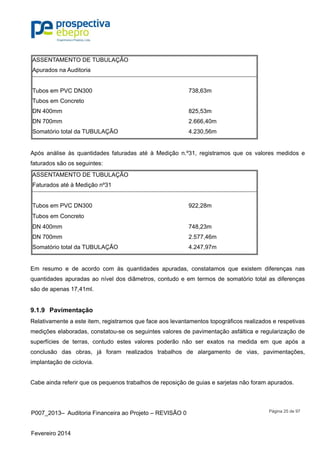 P007_2013– Auditoria Financeira ao Projeto – REVISÃO 0
Fevereiro 2014
Página 25 de 97
ASSENTAMENTO DE TUBULAÇÃO
Apurados na Auditoria
Tubos em PVC DN300 738,63m
Tubos em Concreto
DN 400mm 825,53m
DN 700mm 2.666,40m
Somatório total da TUBULAÇÃO 4.230,56m
Após análise às quantidades faturadas até à Medição n.º31, registramos que os valores medidos e
faturados são os seguintes:
ASSENTAMENTO DE TUBULAÇÃO
Faturados até à Medição nº31
Tubos em PVC DN300 922,28m
Tubos em Concreto
DN 400mm 748,23m
DN 700mm 2.577,46m
Somatório total da TUBULAÇÃO 4.247,97m
Em resumo e de acordo com às quantidades apuradas, constatamos que existem diferenças nas
quantidades apuradas ao nível dos diâmetros, contudo e em termos de somatório total as diferenças
são de apenas 17,41ml.
9.1.9 Pavimentação
Relativamente a este item, registramos que face aos levantamentos topográficos realizados e respetivas
medições elaboradas, constatou-se os seguintes valores de pavimentação asfáltica e regularização de
superfícies de terras, contudo estes valores poderão não ser exatos na medida em que após a
conclusão das obras, já foram realizados trabalhos de alargamento de vias, pavimentações,
implantação de ciclovia.
Cabe ainda referir que os pequenos trabalhos de reposição de guias e sarjetas não foram apurados.
 