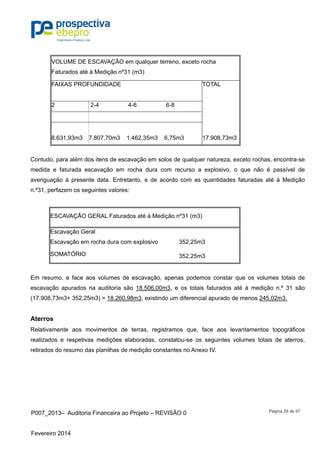 P007_2013– Auditoria Financeira ao Projeto – REVISÃO 0
Fevereiro 2014
Página 29 de 97
VOLUME DE ESCAVAÇÃO em qualquer terreno, exceto rocha
Faturados até à Medição nº31 (m3)
FAIXAS PROFUNDIDADE TOTAL
2 2-4 4-6 6-8
8.631,93m3 7.807,70m3 1.462,35m3 6,75m3 17.908,73m3
Contudo, para além dos itens de escavação em solos de qualquer natureza, exceto rochas, encontra-se
medida e faturada escavação em rocha dura com recurso a explosivo, o que não é passível de
averiguação à presente data. Entretanto, e de acordo com as quantidades faturadas até à Medição
n.º31, perfazem os seguintes valores:
ESCAVAÇÃO GERAL Faturados até à Medição nº31 (m3)
Escavação Geral
Escavação em rocha dura com explosivo 352,25m3
SOMATÓRIO 352,25m3
Em resumo, e face aos volumes de escavação, apenas podemos constar que os volumes totais de
escavação apurados na auditoria são 18.506,00m3, e os totais faturados até à medição n.º 31 são
(17.908,73m3+ 352,25m3) = 18.260,98m3, existindo um diferencial apurado de menos 245,02m3.
Aterros
Relativamente aos movimentos de terras, registramos que, face aos levantamentos topográficos
realizados e respetivas medições elaboradas, constatou-se os seguintes volumes totais de aterros,
retirados do resumo das planilhas de medição constantes no Anexo IV.
 