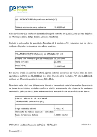 P007_2013– Auditoria Financeira ao Projeto – REVISÃO 0
Fevereiro 2014
Página 30 de 97
VOLUME DE ATERROS apurados na Auditoria (m3)
Totais de volumes de aterro realizados 16.900,00m3
Cabe acrescentar que não foram realizadas sondagens no trecho em questão, pelo que não dispomos
de informações acerca do tipo de solos utilizados nos aterros.
Contudo e após analise às quantidades faturadas até à Medição n.º31, registramos que os valores
medidos e faturados no decurso da obra são os seguintes:
VOLUME DE ATERROS Faturados até à Medição nº31 (m3)
Reaterro sem controle do grau de compactação 15.045,19m3
Aterro com areia 23,58m3
SOMATÓRIO 15.068,77m3
Em resumo, e face aos volumes de aterro, apenas podemos constar que os volumes totais de aterro
apurados na auditoria são 16.900,00m3, e os totais faturados até à medição n.º 31 são 15.068,77m3,
existindo um diferencial apurado de menos 1.831,23m3.
No entanto, cabe referir que foi igualmente faturado o transporte de material escavado e fornecimento
de terras de empréstimo, contudo e conforme referido anteriormente, não dispomos de sondagens
neste trecho, pelo que não podemos tecer comentários acerca do tipo de solos utilizados nos aterros.
CARGA, TRANSPORTE E DESCARGA
Faturados até à Medição nº31 (m3)
Carga e descarga de solo 1.752,23 m3
Transporte de material escavado – solo (bota-
fora) e fornecimento de terra 4.963,67 m3xKm
 