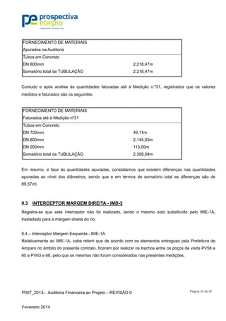 P007_2013– Auditoria Financeira ao Projeto – REVISÃO 0
Fevereiro 2014
Página 35 de 97
FORNECIMENTO DE MATERIAIS
Apurados na Auditoria
Tubos em Concreto
DN 800mm 2.218,47m
Somatório total da TUBULAÇÃO 2.218,47m
Contudo e após analise às quantidades faturadas até à Medição n.º31, registrados que os valores
medidos e faturados são os seguintes:
FORNECIMENTO DE MATERIAIS
Faturados até à Medição nº31
Tubos em Concreto
DN 700mm 49,11m
DN 800mm 2.145,93m
DN 900mm 113,00m
Somatório total da TUBULAÇÃO 2.308,04m
Em resumo, e face às quantidades apuradas, constatamos que existem diferenças nas quantidades
apuradas ao nível dos diâmetros, sendo que e em termos de somatório total as diferenças são de
89,57ml.
9.3 INTERCEPTOR MARGEM DIREITA - IMD-3
Registra-se que este interceptor não foi realizado, tendo o mesmo sido substituído pelo IME-1A,
trasladado para a margem direita do rio.
8.4 – Interceptor Margem Esquerda - IME-1A
Relativamente ao IME-1A, cabe referir que de acordo com os elementos entregues pela Prefeitura de
Amparo no âmbito do presente contrato, ficaram por realizar os trechos entre os poços de visita PV58 e
60 e PV63 e 68, pelo que os mesmos não foram considerados nas presentes medições.
 