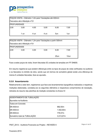 P007_2013– Auditoria Financeira ao Projeto – REVISÃO 0
Fevereiro 2014
Página 41 de 97
POÇOS VISITA – Diâmetro 1,0m para Tubulações até 400mm
Faturados até à Medição nº31
PROFUNDIDADE
2,00 3,00 4,00 5,00 6,00 7,00
1 un 4 un 4 un 5un 1un
POÇOS VISITA – Diâmetro 1,2m para Tubulações a partir 500mm
Faturados até à Medição nº31
PROFUNDIDADE
2,00 3,00 4,00 5,00 6,00 7,00
25un 12un
Face a estes poços de visita, foram faturadas 52 unidades de tampões em FF DN600.
Em resumo registra-se que existem diferenças entre os tipos de poços de visita verificados na auditoria
e os faturados no âmbito da obra, sendo que em termos de somatório global existe uma diferença de
menos 6 unidades faturadas, face ao apurado.
9.3.8 Assentamento
Relativamente a este item, registramos que face aos levantamentos topográficos realizados e respetivas
medições elaboradas, constatou-se os seguintes diâmetros e respectivos comprimentos de tubulação,
retirados do resumo das planilhas de medição constantes no Anexo IV.
ASSENTAMENTO DE TUBULAÇÃO
Apurados na Auditoria
Tubos em Concreto
DN 400mm 882,50m
DN 500mm 1.552,60m
DN 600mm 778,57m
Somatório total da TUBULAÇÃO 3.213,67m
 