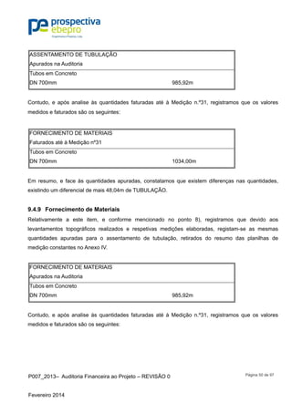 P007_2013– Auditoria Financeira ao Projeto – REVISÃO 0
Fevereiro 2014
Página 50 de 97
ASSENTAMENTO DE TUBULAÇÃO
Apurados na Auditoria
Tubos em Concreto
DN 700mm 985,92m
Contudo, e após analise às quantidades faturadas até à Medição n.º31, registramos que os valores
medidos e faturados são os seguintes:
FORNECIMENTO DE MATERIAIS
Faturados até à Medição nº31
Tubos em Concreto
DN 700mm 1034,00m
Em resumo, e face às quantidades apuradas, constatamos que existem diferenças nas quantidades,
existindo um diferencial de mais 48,04m de TUBULAÇÃO.
9.4.9 Fornecimento de Materiais
Relativamente a este item, e conforme mencionado no ponto 8), registramos que devido aos
levantamentos topográficos realizados e respetivas medições elaboradas, registam-se as mesmas
quantidades apuradas para o assentamento de tubulação, retirados do resumo das planilhas de
medição constantes no Anexo IV.
FORNECIMENTO DE MATERIAIS
Apurados na Auditoria
Tubos em Concreto
DN 700mm 985,92m
Contudo, e após analise às quantidades faturadas até à Medição n.º31, registramos que os valores
medidos e faturados são os seguintes:
 