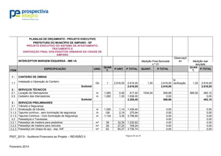 P007_2013– Auditoria Financeira ao Projeto – REVISÃO 0
Fevereiro 2014
Página 84 de 97
PLANILHA DE ORÇAMENTO - PROJETO EXECUTIVO
PREFEITURA DO MUNICÍPIO DE AMPARO - SP
PROJETO EXECUTIVO DO SISTEMA DE AFASTAMENTO,
TRATAMENTO E
DISPOSIÇÃO FINAL DOS ESGOTOS URBANOS DA CIDADE DE
AMPARO
INTERCEPTOR MARGEM ESQUERDA - IME-1A Medição Final facturada
n.º 31
Observaçõ
es Medição real
apurada
ITEM
ESPECIFICAÇÃO UNID.
QUAN
T.
P.UNIT. P.TOTAL QUANT. P.TOTAL
QUAN
T.
P.TOTAL
1 - CANTEIRO DE OBRAS
1.1
Instalação e Operação do Canteiro
Gb 1 2.616,05 2.616,05 1,00 2.616,05
S/
verificação 1,00 2.616,05
Subtotal 2.616,05 2.616,05 2.616,05
2 - SERVIÇOS TÉCNICOS
2.1 Locação de Interceptores m 1.260 0,49 617,40 1034,04 506,68 985,92 483,10
2.2 Cadastro das Interceptores m 1.260 1,30 1.638,00 0,00 0,00
Subtotal 2.255,40 506,68 483,10
3 - SERVIÇOS PRELIMINARES
3.1 Trânsito e Segurança
3.1.1 Sinalização de trânsito m 1.260 1,14 1.436,40 0,00 0,00
3.1.2 Tapume contínuo - sem iluminação de segurança m 126 2,19 275,94 0,00 0,00
3.1.3 Tapume Contínuo - Com Iluminação de Segurança m 1.134 3,35 3.798,90 0,00 0,00
3.2 Passadiços e Travessias 0,00 0,00
3.2.1 Passadiço de madeira para pedestres m² 38 32,39 1.230,82 0,00 0,00
3.2.2 Passadiço de madeira para veículos m² 26 27,24 708,24 0,00 0,00
3.2.3 Passadiço em chapa de aço - esp. 5/8" m² 62 60,27 3.736,74 0,00 0,00
 