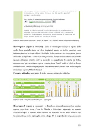 Figura 6: entrevista em áudio com o médico do esporte Luiz Oswaldo Carneiro, disponibilizada no blog


Reportagem 4 (esporte e educação) – como a combinação educação e esporte pode
render bons resultados tanto na esfera intelectual quanto no âmbito esportivo: uma
comparação entre modelos cubano e brasileiro de investimento em formação de jovens
estudantes e esportistas. Entrevistas com jornalistas e especialistas cubanos em esporte
revelam diferentes opiniões sobre a ascensão e a decadência do esporte em Cuba,
enquanto que, para relacionar esporte e educação no Brasil, políticas públicas foram
destrinchadas e comentadas por pessoas diretamente envolvidas na área, inclusive pelo
ministro do Esporte, Orlando Silva Jr.
Formatos utilizados: reportagem de texto, imagens, infográfico e tabelas.




Figura 7: tabela e infográfico elaborados para a reportagem


Reportagem 5 (esporte e economia) – o Brasil está preparado para receber grandes
eventos esportivos, como Copa do Mundo e Olimpíada, sobretudo no aspecto
econômico? Qual o impacto desses eventos na economia de um país? Além de um
levantamento de custos e projeções sobre a Copa-2014, foi produzido um podcast, com



                                                                                                  26
 