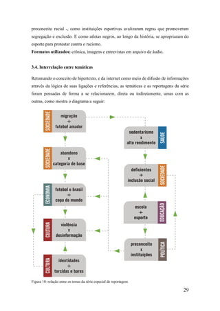 preconceito racial -, como instituições esportivas avalizaram regras que promoveram
segregação e exclusão. E como atletas negros, ao longo da história, se apropriaram do
esporte para protestar contra o racismo.
Formatos utilizados: crônica, imagens e entrevistas em arquivo de áudio.


3.4. Interrelação entre temáticas

Retomando o conceito de hipertexto, e da internet como meio de difusão de informações
através da lógica de suas ligações e referências, as temáticas e as reportagens da série
foram pensadas de forma a se relacionarem, direta ou indiretamente, umas com as
outras, como mostra o diagrama a seguir:




Figura 10: relação entre os temas da série especial de reportagem

                                                                                     29
 