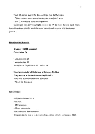 24
Total: 04, sendo que 01 foi de ocorrência fora do Município;
* Óbitos maternos em gestantes ou puérperas (até 1 ano):
Total: 0. Não houve óbito nesse período.
Estratégias para 2014: captação precoce de RN de risco, durante o pré-natal;
Intensificação da adesão ao aleitamento exclusivo através de orientações em
grupos.
Planejamento Familiar
Grupos: 18 (155 pessoas)
Entrevistas: 54
* Laqueaduras: 28
* Vasectomias: 16
Inserção de Dispositivo Intra Uterino: 14
Hipertensão Arterial Sistemica e Diabetes Mellitus
Programa de automonitoramento glicêmico
172 auto automonitoramento domiciliar
70 em fila de espera
Tuberculose
13 pacientes em 2013
02 altas
01 transferido
09 em tratamento
01 Abandono de tratamento
O impacto da alta cura só será observado a partir do primeiro semestre de 2014.
 