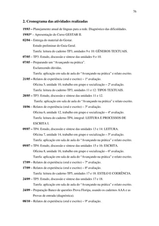 76


2. Cronograma das atividades realizadas
19/03 – Planejamento anual de línguas para a rede. Diagnóstico das dificuldades.
19/03* – Apresentação do Curso GESTAR II.
02/04 – Entrega do material do Gestar.
        Estudo preliminar do Guia Geral.
        Tarefa: leitura do caderno TP3, unidades 9 e 10: GÊNEROS TEXTUAIS.
07/05 – TP3: Estudo, discussão e síntese das unidades 9 e 10.
07/05 – Preparando um “Avançando na prática”.
        Esclarecendo dúvidas.
        Tarefa: aplicação em sala de aula do “Avançando na prática” e relato escrito.
21/05 – Relatos de experiência (oral e escrito) – 1ª avaliação.
        Oficina 5, unidade 10, trabalho em grupo e socialização – 2ª avaliação.
        Tarefa: leitura do caderno TP3, unidades 11 e 12: TIPOS TEXTUAIS.
28/05 – TP3: Estudo, discussão e síntese das unidades 11 e 12.
         Tarefa: aplicação em sala de aula do “Avançando na prática” e relato escrito.
18/06 – Relatos de experiência (oral e escrito) – 3ª avaliação.
        Oficina 6, unidade 12, trabalho em grupo e socialização – 4ª avaliação.
        Tarefa: leitura do caderno TP4, integral: LEITURA E PROCESSOS DE
        ESCRITA I.
09/07 – TP4: Estudo, discussão e síntese das unidades 13 e 14: LEITURA.
        Oficina 7, unidade 14, trabalho em grupo e socialização – 5ª avaliação.
        Tarefa: aplicação em sala de aula do “Avançando na prática” e relato escrito.
09/07 – TP4: Estudo, discussão e síntese das unidades 15 e 16: ESCRITA.
        Oficina 8, unidade 16, trabalho em grupo e socialização – 6ª avaliação.
        Tarefa: aplicação em sala de aula do “Avançando na prática” e relato escrito.
17/09 – Relatos de experiência (oral e escrito) – 7ª avaliação.
17/09 – Relatos de experiência (oral e escrito) – 8ª avaliação.
        Tarefa: leitura do caderno TP5, unidades 17 e 18: ESTILO E COERÊNCIA.
24/09 – TP5: Estudo, discussão e síntese das unidades 17 e 18.
        Tarefa: aplicação em sala de aula do “Avançando na prática” e relato escrito.
24/09 – Preparação Banco de questões Prova Floripa, usando os cadernos AAA e as
        Provas de entrada (diagnóstica).
08/10 – Relatos de experiência (oral e escrito) – 9ª avaliação.
 