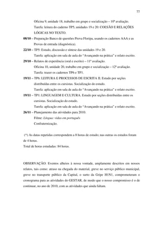 77

        Oficina 9, unidade 18, trabalho em grupo e socialização – 10ª avaliação.
        Tarefa: leitura do caderno TP5, unidades 19 e 20: COESÃO E RELAÇÕES
        LÓGICAS NO TEXTO.
08/10 – Preparação Banco de questões Prova Floripa, usando os cadernos AAA e as
        Provas de entrada (diagnóstica).
22/10 – TP5: Estudo, discussão e síntese das unidades 19 e 20.
        Tarefa: aplicação em sala de aula do “Avançando na prática” e relato escrito.
29/10 – Relatos de experiência (oral e escrito) – 11ª avaliação.
        Oficina 10, unidade 20, trabalho em grupo e socialização – 12ª avaliação.
        Tarefa: trazer os cadernos TP6 e TP1.
19/11 – TP6: LEITURA E PROCESSOS DE ESCRITA II. Estudo por seções
        distribuídas entre os cursistas. Socialização do estudo.
        Tarefa: aplicação em sala de aula do “Avançando na prática” e relato escrito.
19/11 – TP1: LINGUAGEM E CULTURA. Estudo por seções distribuídas entre os
        cursistas. Socialização do estudo.
        Tarefa: aplicação em sala de aula do “Avançando na prática” e relato escrito.
26/11 – Planejamento das atividades para 2010.
        Filme: Língua: vidas em português
        Confraternização.


(*) As datas repetidas correspondem a 8 horas de estudo; nas outras os estudos foram
de 4 horas.
Total de horas estudadas: 84 horas.




OBSERVAÇÃO: Eventos alheios à nossa vontade, amplamente descritos em nossos
relatos, tais como: atraso na chegada do material, greve no serviço público municipal,
greve no transporte público da Capital, o surto da Gripe H1N1, comprometeram o
cronograma para as atividades do GESTAR, de modo que o nosso compromisso é o de
continuar, no ano de 2010, com as atividades que ainda faltam.
 