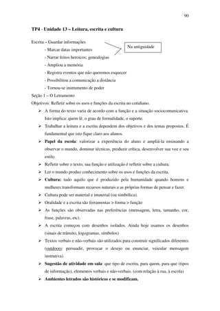 90


TP4 - Unidade 13 – Leitura, escrita e cultura

Escrita – Guardar informações
                                                        Na antiguidade
       - Marcar datas importantes
       - Narrar feitos heroicos; genealogias
       - Ampliou a memória
       - Registra eventos que não queremos esquecer
       - Possibilitou a comunicação a distância
       - Tornou-se instrumento de poder
Seção 1 – O Letramento
Objetivos: Refletir sobre os usos e funções da escrita no cotidiano.
       A forma do texto varia de acordo com a função e a situação sociocomunicativa.
       Isto implica: quem lê, o grau de formalidade, o suporte.
       Trabalhar a leitura e a escrita dependem dos objetivos e dos temas propostos. É
       fundamental que isto fique claro aos alunos.
       Papel da escola: valorizar a experiência do aluno e ampliá-la ensinando a
       observar o mundo, dominar técnicas, produzir crítica, desenvolver sua voz e seu
       estilo.
       Refletir sobre o texto, sua função e utilização é refletir sobre a cultura.
       Ler o mundo produz conhecimento sobre os usos e funções da escrita.
       Cultura: tudo aquilo que é produzido pela humanidade quando homens e
       mulheres transformam recursos naturais e as próprias formas de pensar e fazer.
       Cultura pode ser material e imaterial (ou simbólica).
       Oralidade e a escrita são ferramentas > forma > função
       As funções são observadas nas preferências (mensagem, letra, tamanho, cor,
       frase, palavras, etc).
       A escrita começou com desenhos isolados. Ainda hoje usamos os desenhos
       (sinais de trânsito, logogramas, símbolos)
       Textos verbais e não-verbais são utilizados para construir significados diferentes
       (outdoors: persuadir, provocar o desejo ou enunciar, veicular mensagem
       instrutiva).
       Sugestão de atividade em sala: que tipo de escrita, para quem, para que (tipos
       de informação), elementos verbais e não-verbais. (com relação à rua, à escola)
       Ambientes letrados são históricos e se modificam.
 