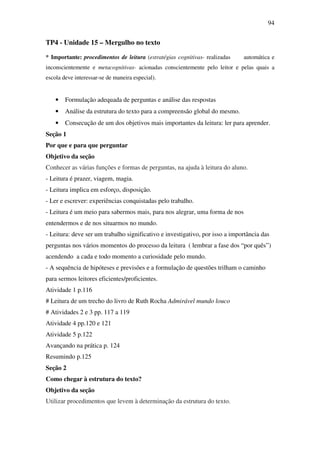 94


TP4 - Unidade 15 – Mergulho no texto

* Importante: procedimentos de leitura (estratégias cognitivas- realizadas    automática e
inconscientemente e metacognitivas- acionadas conscientemente pelo leitor e pelas quais a
escola deve interessar-se de maneira especial).


    •   Formulação adequada de perguntas e análise das respostas
    •   Análise da estrutura do texto para a compreensão global do mesmo.
    •   Consecução de um dos objetivos mais importantes da leitura: ler para aprender.
Seção 1
Por que e para que perguntar
Objetivo da seção
Conhecer as várias funções e formas de perguntas, na ajuda à leitura do aluno.
- Leitura é prazer, viagem, magia.
- Leitura implica em esforço, disposição.
- Ler e escrever: experiências conquistadas pelo trabalho.
- Leitura é um meio para sabermos mais, para nos alegrar, uma forma de nos
entendermos e de nos situarmos no mundo.
- Leitura: deve ser um trabalho significativo e investigativo, por isso a importância das
perguntas nos vários momentos do processo da leitura ( lembrar a fase dos “por quês”)
acendendo a cada e todo momento a curiosidade pelo mundo.
- A sequência de hipóteses e previsões e a formulação de questões trilham o caminho
para sermos leitores eficientes/proficientes.
Atividade 1 p.116
# Leitura de um trecho do livro de Ruth Rocha Admirável mundo louco
# Atividades 2 e 3 pp. 117 a 119
Atividade 4 pp.120 e 121
Atividade 5 p.122
Avançando na prática p. 124
Resumindo p.125
Seção 2
Como chegar à estrutura do texto?
Objetivo da seção
Utilizar procedimentos que levem à determinação da estrutura do texto.
 