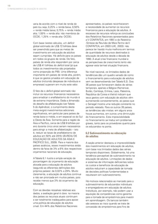 100
varia de acordo com o nível de renda do
país (ou seja, 0,25% = renda baixa, 0,50%
= renda média baixa; 0,75% = renda média
alta; 1,00% = renda alta: não membros da
OCDE; 1,25% = renda alta: OCDE).
Com base nestes cálculos, um deficit
global estimado de US$ 72 bilhões deve
ser preenchido para que as metas de
investimento em educação de adultos
sejam cumpridas. Há deficits para os países
em todos os grupos de renda. De fato,
países de renda alta respondem por cerca
de US$ 41 bilhões do deficit total (já que
todos os investimentos são projetados
como proporção do PIB). Uma diferença
importante em países de renda alta, porém,
é que os gastos privados em educação de
adultos (incluindo despesas de indivíduos e
empresas) superam em muito este valor.
O fato de o deficit global estimado não
incluir os recursos financeiros necessários
para erradicar o analfabetismo do mundo é
de extrema importância. Dada a dimensão
do desafio da alfabetização (ver Tabela
5 do Apêndice), o cumprimento desta
meta exigirá investimentos adicionais
significativos, em particular para países de
renda baixa e média, e em especial os do Sul
e Oeste da Ásia. Somente para a região da
Ásia e Pacífico, cerca de US$ 9 bilhões por
ano durante cinco anos seriam necessários
para atingir a meta de alfabetização – isto
é, reduzir as taxas de analfabetismo de
adultos em 50% até 2015) (BUREAU DE
EDUCAÇÃO DE ADULTOS DA ÁSIA E
PACÍFICO SUL, 2009). Para a maioria dos
países asiáticos, esses investimentos estão
dentro da faixa de 3% a 6% dos respectivos
orçamentos nacionais de educação.
A Tabela 6.1 ilustra a ampla variação da
porcentagem do orçamento de educação
alocada para a educação de adultos
(segundo as diferentes definições dos
próprios países): de 0,02% a 29%. Muito
claramente, a educação de adultos continua
a não ser priorizada em muitos países, pois
recebe menos que 3% do orçamento da
educação.
Com as devidas ressalvas relativas aos
dados, a avaliação geral é clara: na maioria
dos países os recursos atuais continuam
a ser totalmente inadequados para apoiar
uma política de educação de adultos
crível. Em 44% dos Relatórios Nacionais
apresentados, os países reconheceram
a necessidade de aumentar os recursos
financeiros para a educação de adultos. A
escassez de recursos reforça as conclusões
dos Relatórios Nacionais apresentados para
a V CONFINTEA, em 1997, e do Relatório-
-Síntese da Reunião de Meio Termo da V
CONFINTEA, em 2003 (UIE, 2003): não
parece ter havido muita melhoria em termos
de quantidade de recursos destinados à
educação de adultos desde a década de
1990. A atual crise financeira mundial e
as perspectivas de crescimento lento vão
agravar esta terrível situação financeira.
No nível nacional, os limitados dados de
tendências dão um quadro variado de como
o financiamento para a educação de adultos
vem se desenvolvendo (ver Tabela 6.2). Dos
36 países que forneceram dados de séries
temporais, apenas a Bélgica (flamenca),
Butão, Camboja, Eritreia, Laos, Palestina,
República da Coreia e Vietnã indicam que
seus gastos com educação de adultos vêm
aumentando constantemente, ao passo que
o Senegal mostra uma redução constante no
período relatado. Para os outros 26 países,
as tendências são mistas: em alguns anos
houve aumentos, em outros uma diminuição
do financiamento. Esta imprevisibilidade
no financiamento se traduz em problemas
graves, tanto para os provedores quanto para
os educandos na ponta.
6.2 Subinvestimento na educação
de adultos
A seção anterior destacou a imprevisibilidade
dos investimentos em educação de adultos,
com base nos limitados dados das séries
temporais disponíveis. Globalmente, há uma
tendência perceptível de subinvestimento na
educação de adultos. Limitações de dados
e sistemas de informação deficientes sobre
os custos e benefícios da educação de
adultos reduziram a capacidade de tomada
de decisões políticas fundamentadas e
resultaram em subinvestimento.
Há motivos relacionados ao mercado para o
subinvestimento de educandos individuais
e empregadores em educação de adultos.
Indivíduos, por exemplo, não podem usar a
aquisição de competências como garantia
para a tomada de empréstimos para investir
em aprendizagem. Os bancos também
são avessos ao risco quando se trata de
concessão de empréstimos para fins de
O FINANCIAMENTO DA EDUCAÇÃO DE ADULTOS
 
