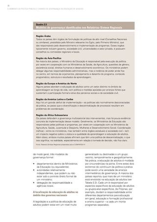 36
Região Árabe
Todos os países têm órgãos de formulação de políticas de alto nível (Conselhos Nacionais
ou similares), presididos pelo Ministro relevante (no Egito, pelo Primeiro Ministro), que
são responsáveis pelo desenvolvimento e implementação de programas. Esses órgãos
tipicamente incluem governo, sociedade civil, universidades e setor privado, e possuem
conselhos ou comissões regionais e locais.
Região da Ásia-Pacífico
Na maioria dos países, o Ministério da Educação é responsável pela execução da política,
por vezes em cooperação com os Ministérios da Saúde, da Agricultura, questões de gênero,
assistência social, direitos humanos e desenvolvimento econômico. Os ministérios podem
delegar algumas responsabilidades administrativas, mas a instância de poder ainda fica
no centro, em termos de orçamentos, planejamento e desenho do programa, conteúdo
programático, estrutura e resultados da aprendizagem.
Região da Europa e América do Norte
Alguns países abordam a educação de adultos como um setor distinto no âmbito da
aprendizagem ao longo da vida, com política e medidas apoiadas por arranjos fortes que
sustentam a participação formal e ativa dos parceiros sociais e da sociedade civil.
Região da América Latina e Caribe
Aqui há um grande deficit de implementação – as políticas são normalmente desconectadas
da prática, ao passo que a diversificação e descentralização de processos resultam em
problemas de coordenação.
Região da África Subsaariana
Os países defendem a governança multissetorial dos intervenientes, mas há pouca evidência
concreta da implementação desse modelo. Geralmente, os Ministérios da Educação são
responsáveis pelas políticas e programas, por vezes em cooperação com os Ministérios da
Agricultura, Saúde, Juventude e Desporto, Mulheres e Desenvolvimento Social. Coordenação
ineficaz – entre os ministérios, mas também entre órgãos estaduais e sociedade civil – tem
um impacto negativo sobre o status e a qualidade da aprendizagem e educação de adultos.
Além disso, embora muitos países afirmem que têm uma política de descentralização, o que
isso significa, na realidade, especialmente em relação à tomada de decisão, não fica claro.
Fonte: Relatório-Síntese Regionais preparados para a CONFINTEA VI
Quadro 2.5
Modelos de governança identificados nos Relatórios-Síntese Regionais
de modo geral, três modelos de
governança formal:
• 	 departamentos dentro de Ministérios
da Educação (ou equivalente);
• 	 autoridades relativamente
independentes, que podem ou não
estar sob o controle direto formal de
um ministério;
• 	 delegação de responsabilidade a
agências locais.
A localização da educação de adultos no
âmbito dos governos nacionais
A legislação e a política de educação de
adultos podem estar em um nível muito
generalizado ou destinadas a um grupo
restrito, temporalmente e geograficamente.
Na prática, a educação de adultos é moldada
por circunstâncias na ponta. Entre estes dois
extremos do continuum da política à prática
pode existir uma variedade de arranjos
intermediários de governança. A maioria dos
países reportou que mais de um ministério
está envolvido na educação de adultos (ver
Tabela 2.2). Cada um é responsável por
aspectos específicos da educação de adultos
ou grupos-alvo específicos. As Filipinas, por
exemplo, dividem a responsabilidade entre
diferentes departamentos para educação
em geral, educação e formação profissional
e ensino superior – e cada um monta
programas separados.
O AMBIENTE DA POLÍTICA PÚBLICA E O MARCO DE GOVERNANÇA DA EDUCAÇÃO DE ADULTOS
 