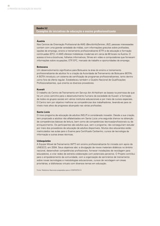 48
A PROVISÃO DA EDUCAÇÃO DE ADULTOS
Áustria
Nos Centros de Orientação Profissional da AMS (BerufsInfoZentren, BIZ), pessoas interessadas
contam com uma grande variedade de mídias, com informações gratuitas sobre profissões,
opções de emprego, ensino e treinamento profissionalizante (ETP) e de educação e formação
continuadas (EFC). A AMS oferece midiatecas modernas em cerca de 60 locais na Áustria. O
acesso é livre a brochuras, folhetos informativos, filmes em vídeo e computadores que fornecem
informações sobre ocupações, ETP, EFC, mercado de trabalho e oportunidades de emprego.
Botswana
Um desenvolvimento significativo para Botsuana na área do ensino e treinamento
profissionalizante de adultos foi a criação da Autoridade de Treinamento de Botsuana (BOTA).
A BOTA introduziu um sistema de certificação de programas profissionalizantes, tanto dentro
como fora da oferta regular. Estabeleceu também o Quadro Nacional de Qualificações
Profissionalizantes, que orienta os diversos provedores.
Kuwait
O trabalho do Centro de Treinamento em Serviço Ibn Al-Haitham se baseia na premissa de que
há um único caminho para o desenvolvimento humano da sociedade do Kuwait: a formação
de todos os grupos sociais em vários institutos educacionais e por meio de cursos especiais.
O Centro tem por objetivo melhorar as competências dos trabalhadores, levando-as para os
níveis mais altos de progresso alcançado nas várias profissões.
Santa Lúcia
O novo programa de educação de adultos (NELP) é considerado inovador. Desde a sua criação,
tem propiciado a adultos não alfabetizados em Santa Lúcia uma segunda chance na obtenção
de competências básicas de leitura, bem como de competências técnicas/profissionais ou de
enriquecimento. Os participantes são adultos que, sem o programa, não conseguiriam estudar
por meio dos provedores de educação de adultos disponíveis. Muitos dos educandos estão
matriculados nas aulas para o Exame para Certificado Caribenho, cursos de tecnologia da
informação e outras áreas técnicas.
Uzbequistão
A Equipe Móvel de Treinamento (MTT) em ensino profissionalizante foi iniciada com apoio da
UNESCO, em 2004. Seus objetivos são: a divulgação de novos materiais didáticos no âmbito
nacional, desenvolver competências profissionais, fornecer instalações de reciclagem para
educadores, e criar redes de estreita colaboração com potenciais parceiros. O Projeto contribui
para o empoderamento da comunidade, com a organização de seminários de treinamento
sobre novas tecnologias e metodologias educacionais, cursos de reciclagem em áreas
prioritárias, e bibliotecas virtuais com diversos temas em educação.
Fonte: Relatórios Nacionais preparados para a CONFINTEA VI
Quadro 3.2
Exemplos de iniciativas de educação e ensino profissionalizante
 