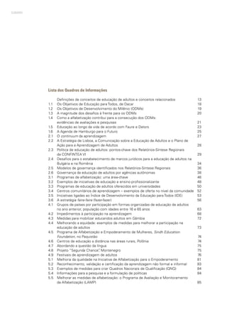 SUMÁRIO
Lista dos Quadros de Informações
	 Definições de conceitos de educação de adultos e conceitos relacionados
1.1 	 Os Objetivos de Educação para Todos, de Dacar
1.2 	 Os Objetivos de Desenvolvimento do Milênio (ODMs)
1.3 	 A magnitude dos desafios à frente para os ODMs
1.4 	 Como a alfabetização contribui para a consecução dos ODMs:
	 evidências de avaliações e pesquisas
1.5 	 Educação ao longo da vida de acordo com Faure e Delors
1.6 	 A Agenda de Hamburgo para o Futuro
2.1 	 O continuum da aprendizagem
2.2 	 A Estratégia de Lisboa, a Comunicação sobre a Educação de Adultos e o Plano de 	
	 Ação para a Aprendizagem de Adultos
2.3 	 Política de educação de adultos: pontos-chave dos Relatórios-Síntese Regionais
	 da CONFINTEA VI
2.4 	 Desafios para o estabelecimento de marcos jurídicos para a educação de adultos na 	
	 Bulgária e na Romênia
2.5 	 Modelos de governança identificados nos Relatórios-Síntese Regionais
2.6 	 Governança da educação de adultos por agências autônomas
3.1 	 Programas de alfabetização: uma área-chave
3.2 	 Exemplos de iniciativas de educação e ensino profissionalizante
3.3 	 Programas de educação de adultos oferecidos em universidades
3.4 	 Centros comunitários de aprendizagem – exemplos de oferta no nível da comunidade
3.5 	 Iniciativas ligadas ao Índice de Desenvolvimento da Educação para Todos (IDE)
3.6 	 A estratégia faire-faire (fazer-fazer)
4.1 	 Grupos de países por participação em formas organizadas de educação de adultos
	 no ano anterior, população com idades entre 16 e 65 anos
4.2 	 Impedimentos à participação na aprendizagem
4.3 	 Medidas para mobilizar educandos adultos em Gâmbia
4.4 	 Melhorando a equidade: exemplos de medidas para melhorar a participação na
	 educação de adultos
4.5 	 Programa de Alfabetização e Empoderamento de Mulheres, Sindh Education
	 Foundation, no Paquistão
4.6 	 Centros de educação a distância nas áreas rurais, Polônia
4.7 	 Abordando a questão da língua
4.8 	 Projeto “Segunda Chance”, Montenegro
4.9 	 Festivais de aprendizagem de adultos
5.1 	 Melhoria da qualidade na Iniciativa de Alfabetização para o Empoderamento
5.2 	 Reconhecimento, validação e certificação da aprendizagem não formal e informal
5.3 	 Exemplos de medidas para criar Quadros Nacionais de Qualificação (QNQ)
5.4 	 Informações para a pesquisa e a formulação de políticas
5.5 	 Melhorar as medidas de alfabetização: o Programa de Avaliação e Monitoramento
	 da Alfabetização (LAMP)
13
18
19
20
21
23
25
27
28
29
34
36
38
46
48
50
52
53
56
63
68
72
73
74
74
75
75
76
81
83
84
84
85
 