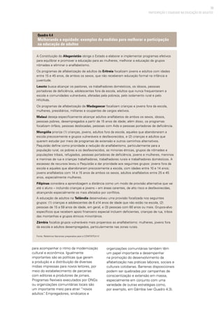 73
PARTICIPAÇÃO E EQUIDADE NA EDUCAÇÃO DE ADULTOS
A Constituição do Afeganistão obriga o Estado a elaborar e implementar programas efetivos
para equilibrar e promover a educação para as mulheres, melhorar a educação de grupos
nômades e eliminar o analfabetismo.
Os programas de alfabetização de adultos da Eritreia focalizam jovens e adultos com idades
entre 15 e 45 anos, de ambos os sexos, que não receberam educação formal na infância e
juventude.
Lesoto busca alcançar os pastores, os trabalhadores domésticos, os idosos, pessoas
portadoras de deficiência, adolescentes fora da escola, adultos que nunca frequentaram a
escola e comunidades vulneráveis, afetadas pela pobreza, pelo isolamento rural e pelo
HIV/Aids.
Os programas de alfabetização de Madagascar focalizam crianças e jovens fora da escola,
mulheres, presidiários, militares e ocupantes de cargos eletivos.
Malaui deseja especificamente alcançar adultos analfabetos de ambos os sexos, idosos,
pessoas pobres, desempregados a partir de 15 anos de idade; além disso, os programas
focalizam órfãos, pessoas deslocadas, pessoas com Aids e pessoas portadoras de deficiência.
Mongólia prioriza (1) crianças, jovens, adultos fora da escola, aqueles que abandonaram a
escola precocemente e grupos vulneráveis e desfavorecidos, e (2) crianças e adultos que
querem estudar por meio de programas de extensão e outros caminhos alternativos.
Paquistão define como prioridade a redução do analfabetismo, particularmente para a
população rural, os pobres e os desfavorecidos, as minorias étnicas, grupos de nômades e
populações tribais, refugiados, pessoas portadoras de deficiência, jovens e mulheres, meninos
e meninas de rua e crianças trabalhadoras, trabalhadores rurais e trabalhadores domésticos. A
escassez de recursos levou o Paquistão a dar prioridade aos seguintes grupos: jovens fora da
escola e aqueles que abandonaram precocemente a escola, com idades entre 10 e 14 anos;
jovens analfabetos com 14 e 15 anos de ambos os sexos, adultos analfabetos entre 25 e 45
anos, especialmente mulheres.
Filipinas considera a aprendizagem a distância como um modo de provisão alternativa que vai
até o aluno – incluindo crianças e jovens – em áreas carentes, de alto risco e desfavorecidas,
alcançando especialmente os mais afetados por conflitos.
A educação de adultos na Tailândia desenvolveu uma provisão focalizada nos seguintes
grupos: (1) crianças e adolescentes de 6 a14 anos de idade que não estão na escola, (2)
pessoas de 15 a 59 anos de idade, em geral, e (3) pessoas com 60 anos ou mais. Grupos-alvo
específicos que recebem apoio financeiro especial incluem deficientes, crianças de rua, tribos
das montanhas e grupos étnicos minoritários.
Zâmbia focaliza grupos vulneráveis mais propensos ao analfabetismo: mulheres, jovens fora
da escola e adultos desempregados, particularmente nas zonas rurais.
Fonte: Relatórios Nacionais preparados para a CONFINTEA VI
Quadro 4.4
Melhorando a equidade: exemplos de medidas para melhorar a participação
na educação de adultos
para acompanhar o ritmo da modernização
cultural e econômica. Igualmente
importantes são as políticas que geram
a produção e a distribuição de diversas
mídias impressas para novos leitores, por
meio do estabelecimento de parcerias
com editoras e produtores de jornais.
Programas flexíveis executados por ONGs
ou organizações comunitárias locais são
um importante meio para atrair “novos
adultos”. Empregadores, sindicatos e
organizações comunitárias também têm
um papel importante a desempenhar
na promoção do desenvolvimento da
alfabetização nas práticas laborais, sociais e
culturais cotidianas. Barreiras disposicionais
podem ser quebradas por campanhas de
conscientização e extensão em massa,
especialmente em conjunto com uma
variedade de outras estratégias como,
por exemplo, em Gâmbia (ver Quadro 4.3).
 