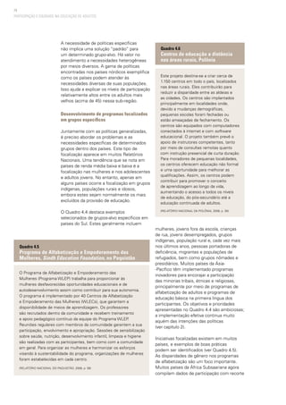 74
PARTICIPAÇÃO E EQUIDADE NA EDUCAÇÃO DE ADULTOS
O Programa de Alfabetização e Empoderamento das
Mulheres (Programa WLEP) trabalha para proporcionar às
mulheres desfavorecidas oportunidades educacionais e de
autodesenvolvimento assim como contribuir para sua autonomia.
O programa é implementado por 40 Centros de Alfabetização
e Empoderamento das Mulheres (WLECs), que garantem a
disponibilidade de meios de aprendizagem. Os professores
são recrutados dentro da comunidade e recebem treinamento
e apoio pedagógico contínuo da equipe do Programa WLEP.
Reuniões regulares com membros da comunidade garantem a sua
participação, envolvimento e apropriação. Sessões de sensibilização
sobre saúde, nutrição, desenvolvimento infantil, limpeza e higiene
são realizadas com as participantes, bem como com a comunidade
em geral. Para organizar as mulheres e harmonizar os esforços
visando à sustentabilidade do programa, organizações de mulheres
foram estabelecidas em cada centro.
(Relatório Nacional do Paquistão, 2008, p. 56)
Quadro 4.5
Programa de Alfabetização e Empoderamento das
Mulheres, Sindh Education Foundation, no Paquistão
Este projeto destina-se a criar cerca de
1.150 centros em todo o país, localizados
nas áreas rurais. Eles contribuirão para
reduzir a disparidade entre as aldeias e
as cidades. Os centros são implantados
principalmente em localidades onde,
devido a mudanças demográficas,
pequenas escolas foram fechadas ou
estão ameaçadas de fechamento. Os
centros são equipados com computadores
conectados à internet e com software
educacional. O projeto também prevê o
apoio de instrutores competentes, tanto
por meio de consultas remotas quanto
com instrução presencial de curta duração.
Para moradores de pequenas localidades,
os centros oferecem educação não formal
e uma oportunidade para melhorar as
qualificações. Assim, os centros podem
contribuir para promover o conceito
de aprendizagem ao longo da vida,
aumentando o acesso a todos os níveis
de educação, do pós-secundário até a
educação continuada de adultos.
(Relatório Nacional da Polônia, 2008, p. 30)
Quadro 4.6
Centros de educação a distância
nas áreas rurais, Polônia
A necessidade de políticas específicas
não implica uma solução “padrão” para
um determinado grupo-alvo. Há valor no
atendimento a necessidades heterogêneas
por meios diversos. A gama de políticas
encontradas nos países nórdicos exemplifica
como os países podem atender às
necessidades diversas de suas populações.
Isso ajuda a explicar os níveis de participação
relativamente altos entre os adultos mais
velhos (acima de 45) nessa sub-região.
Desenvolvimento de programas focalizados
em grupos específicos
Juntamente com as políticas generalizadas,
é preciso abordar os problemas e as
necessidades específicas de determinados
grupos dentro dos países. Este tipo de
focalização aparece em muitos Relatórios
Nacionais. Uma tendência que se nota em
países de renda média baixa e baixa é a
focalização nas mulheres e nos adolescentes
e adultos jovens. No entanto, apenas em
alguns países ocorre a focalização em grupos
indígenas, populações rurais e idosos,
embora estes sejam normalmente os mais
excluídos da provisão de educação.
O Quadro 4.4 destaca exemplos
selecionados de grupos-alvo específicos em
países do Sul. Estes geralmente incluem
mulheres, jovens fora da escola, crianças
de rua, jovens desempregados, grupos
indígenas, população rural e, cada vez mais
nos últimos anos, pessoas portadoras de
deficiência, migrantes e populações de
refugiados, bem como grupos nômades e
presidiários. Muitos países da Ásia-
-Pacífico têm implementado programas
inovadores para encorajar a participação
das minorias tribais, étnicas e religiosas,
principalmente por meio de programas de
alfabetização de adultos e programas de
educação básica na primeira língua dos
participantes. Os objetivos e prioridades
apresentadas no Quadro 4.4 são ambiciosas;
a implementação efetiva continua muito
aquém das intenções das políticas
(ver capítulo 2).
Iniciativas focalizadas existem em muitos
países, e exemplos de boas práticas
podem ser identificados (ver Quadro 4.5).
As disparidades de gênero nos programas
de alfabetização são um foco importante.
Muitos países da África Subsaariana agora
compilam dados de participação com recorte
 