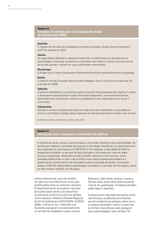 84
QUALIDADE NA EDUCAÇÃO DE ADULTOS
política educacional, pois ela também
se refere ao reconhecimento mútuo das
qualificações entre os sistemas nacionais.
O desenvolvimento de quadros nacionais
de qualificações tende a se disseminar
amplamente na África na próxima década.
Como destaca o Relatório-Síntese Regional
da África Subsaariana (AITCHISON; ALIDOU,
2009), a África do Sul, a Namíbia e as
Seichelas avançaram consideravelmente
no sentido de estabelecer esses marcos.
Botsuana, Cabo Verde, Quênia, Lesoto e
Zâmbia estão atualmente desenvolvendo
marcos de qualificação; Zimbábue também
pode seguir o exemplo.
A pesquisa em educação de adultos ainda
não forneceu evidências convincentes
aos formuladores de políticas sobre como
os adultos aprendem melhor e quais são
as formas mais efetivas para assegurar
que a aprendizagem seja utilizada. Os
Austrália	
O Quadro de Formação de Qualidade da Austrália (Australian Quality Training Framework –
AQTF) foi lançado em 2007.
Quênia	
Os especialistas defendem o desenvolvimento de um QNQ porque os participantes na
aprendizagem e educação de adultos se submetem aos mesmos exames nacionais que os
alunos das escolas, e devem ter suas qualificações reconhecidas.
Montenegro	
O Projeto de Lei sobre Qualificações Profissionais Nacionais está atualmente em preparação.
Suécia	
O relatório final da Comissão Nacional sobre Validação, Rumo a uma Estrutura Nacional, foi
publicado em 2008.
Tailândia	
O governo estabeleceu instrumentos padrão (incluindo fichas pessoais) para registrar e avaliar
o desempenho educacional em quatro dimensões designadas: conhecimentos básicos,
desenvolvimento profissional, melhora na qualidade de vida e desenvolvimento social e
comunitário.
Uzbequistão	
Estudos e acordos interagenciais estão em andamento para estabelecer as equivalências
entre os certificados emitidos pelos programas de educação de adultos formais e não formais.
(Comissão Nacional Francesa da UNESCO, 2005, 2007)
Quadro 5.3
Exemplos de medidas para criar Quadros Nacionais
de Qualificações (QNQ)
A importância de ter acesso a documentação e informação relevantes sobre aprendizagem de
adultos para melhorar a qualidade da pesquisa, a formulação de políticas e o desenvolvimento
dos programas foi reconhecida na CONFINTEA V. Em resposta, a rede global ALADIN foi
lançada para fortalecer os serviços de documentação e informação por meio de redes,
oficinas e capacitação. Dezenove reuniões ALADIN, nacionais e internacionais, foram
realizadas desde então, e hoje o site ALADIN (www.unesco.org/education/aladin) é a
plataforma de conhecimento mais abrangente sobre a educação de adultos, fornecendo
acesso a 200 links relacionados à aprendizagem de adultos e a serviços de informação a cerca
de 100 membros ALADIN, em 50 países.
Quadro 5.4
Informações para a pesquisa e a formulação de políticas
 