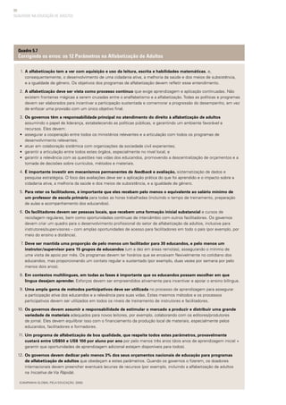 88
QUALIDADE NA EDUCAÇÃO DE ADULTOS
A alfabetização tem a ver com aquisição e uso da leitura, escrita e habilidades matemáticas, e,
consequentemente, o desenvolvimento de uma cidadania ativa, a melhoria da saúde e dos meios de subsistência,
e a igualdade de gênero. Os objetivos dos programas de alfabetização devem refletir esse entendimento.
A alfabetização deve ser vista como processo contínuo que exige aprendizagem e aplicação continuadas. Não
existem fronteiras mágicas a serem cruzadas entre o analfabetismo e a alfabetização. Todas as políticas e programas
devem ser elaborados para incentivar a participação sustentada e comemorar a progressão do desempenho, em vez
de enfocar uma provisão com um único objetivo final.
Os governos têm a responsabilidade principal no atendimento do direito à alfabetização de adultos
assumindo o papel de liderança, estabelecendo as políticas públicas, e garantindo um ambiente favorável e
recursos. Eles devem:
• 	 assegurar a cooperação entre todos os ministérios relevantes e a articulação com todos os programas de
desenvolvimento relevantes;
• 	 atuar em colaboração sistêmica com organizações da sociedade civil experientes;
• 	 garantir a articulação entre todos estes órgãos, especialmente no nível local; e
• 	 garantir a relevância com as questões nas vidas dos educandos, promovendo a descentralização de orçamentos e a
tomada de decisões sobre currículos, métodos e materiais.
É importante investir em mecanismos permanentes de feedback e avaliação, sistematização de dados e
pesquisa estratégica. O foco das avaliações deve ser a aplicação prática do que foi aprendido e o impacto sobre a
cidadania ativa, a melhoria da saúde e dos meios de subsistência, e a igualdade de gênero.
Para reter os facilitadores, é importante que eles recebam pelo menos o equivalente ao salário mínimo de
um professor de escola primária para todas as horas trabalhadas (incluindo o tempo de treinamento, preparação
de aulas e acompanhamento dos educandos).
Os facilitadores devem ser pessoas locais, que recebem uma formação inicial substancial e cursos de
reciclagem regulares, bem como oportunidades contínuas de intercâmbio com outros facilitadores. Os governos
devem criar um quadro para o desenvolvimento profissional do setor de alfabetização de adultos, inclusive para
instrutores/supervisores – com amplas oportunidades de acesso para facilitadores em todo o país (por exemplo, por
meio do ensino a distância).
Deve ser mantida uma proporção de pelo menos um facilitador para 30 educandos, e pelo menos um
instrutor/supervisor para 15 grupos de educandos (um a dez em áreas remotas), assegurando o mínimo de
uma visita de apoio por mês. Os programas devem ter horários que se encaixam flexivelmente no cotidiano dos
educandos, mas proporcionando um contato regular e sustentado (por exemplo, duas vezes por semana por pelo
menos dois anos).
Em contextos multilíngues, em todas as fases é importante que os educandos possam escolher em que
língua desejam aprender. Esforços devem ser empreendidos ativamente para incentivar e apoiar o ensino bilíngue.
Uma ampla gama de métodos participativos deve ser utilizada no processo de aprendizagem para assegurar
a participação ativa dos educandos e a relevância para suas vidas. Estes mesmos métodos e os processos
participativos devem ser utilizados em todos os níveis de treinamento de instrutores e facilitadores.
Os governos devem assumir a responsabilidade de estimular o mercado a produzir e distribuir uma grande
variedade de materiais adequados para novos leitores, por exemplo, colaborando com os editores/produtores
de jornal. Eles devem equilibrar isso com o financiamento da produção local de materiais, especialmente pelos
educandos, facilitadores e formadores.
Um programa de alfabetização de boa qualidade, que respeite todos estes parâmetros, provavelmente
custará entre US$50 e US$ 100 por aluno por ano por pelo menos três anos (dois anos de aprendizagem inicial +
garantir que oportunidades de aprendizagem adicional estejam disponíveis para todos).
Os governos devem dedicar pelo menos 3% dos seus orçamentos nacionais de educação para programas
de alfabetização de adultos que obedeçam a estes parâmetros. Quando os governos o fizerem, os doadores
internacionais devem preencher eventuais lacunas de recursos (por exemplo, incluindo a alfabetização de adultos
na Iniciativa de Via Rápida).
(CAMPANHA GLOBAL PELA EDUCAÇÃO, 2005)
Quadro 5.7
Corrigindo os erros: os 12 Parâmetros na Alfabetização de Adultos
1.
2.
3.
4.
5.
6.
7.
8.
9.
10.
11.
12.
 