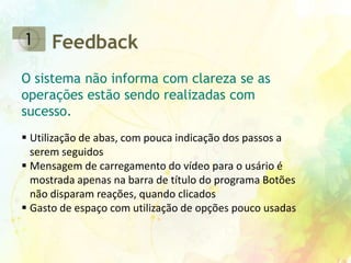 FeedbackO sistema não informa com clareza se as operações estão sendo realizadas com sucesso.Utilização de abas, com pouca indicação dos passos a serem seguidos 