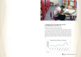 3. DISSEMINAÇÃO DA INFORMAÇÃO: SISTEMA DE
     INFORMAÇÕES DO ESTADO – SIE
       3. DISSEMINAÇÃO DA INFORMAÇÃO: SISTEMA 			
     Manutenção e atualização do banco – SIE
       DE INFORMAÇÕES DO ESTADO de dados do SIE

     O SIE constitui atualizaçãoformas de disseminação de informações do IDESP.
       Manutenção e uma das do banco de dados do SIE
     A média de constitui uma siteformas 2011 aproximou-se de 3.000 IDESP.
              O SIE acesso ao das em de disseminação de informações do consultas
     mensais, incluindo ao site em 2011 de dados e de 3.000 consultas mensais, in-
        A média de acesso a obtenção aproximou-se análises sobre as atividades
        cluindo a obtenção de dados e análises sobre as atividades produtivas realizadas
     produtivas realizadas no Estado, os perfis municipais e os demais resultados
        no Estado, os perfis municipais e os demais resultados de pesquisas contínuas e
     de pesquisas contínuas e temporárias realizadas pelo instituto. Os dados
        temporárias realizadas pelo instituto. Os dados são sistematizados e tratados para
     são sistematizados e tratados para disponibilização no módulo de Estatística
        disponibilização no módulo de Estatística de Registros Administrativos (ERA), sendo
     de continuamente Administrativos (ERA), rotinas de continuamente avaliados,
          Registros avaliados, atualizados e suas sendo funcionamento aperfeiçoa-
        das.
     atualizados e suas rotinas de funcionamento aperfeiçoadas.


                        Número de Visitas ao site do Idesp - 2011 (maio-dez)
              3.500
              3.000
              2.500
              2.000
              1.500
              1.000
                500
                  0




             Fonte: Idesp
            Fonte: Idesp


22                                                                             RELATÓRIO DE ATIVIDADES 2011   23
 