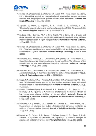 75) Ramos, S.C. ; Vasconcelos, G. ; Antunes, E.F. ; Lobo, A.O. ; Trava-Airoldi, V.J. ; Corat,
    E.J. . Wettability control on vertically-aligned multi-walled carbon nanotube
    surfaces with oxygen pulsed DC plasma and CO2 laser treatments. Diamond and
    Related Materials, v. 19, p. 752 (2010).

76) Aguzzoli, C.; Marin, C.; Figueroa, C. A.; Soares, G. V.; Baumvol, I. J. R.
    “Physicochemical, structural, and mechanical properties of Si3N4 films annealed in
    O2” Journal of Applied Physics, v. 107, p. 073521 (2010)

77) Barbosa, D.C. ; Barreto, P.R.P. ; Trava-Airoldi, V.J. ; Corat, E.J. . Growth and
    characterization of diamond micro and nano crystals obtained using different
    methane concentration in argon-rich gas mixture. Diamond and Related Materials,
    v. 19, p. 768 ( 2010).

78) Ramos, S.C. ; Vasconcelos, G. ; Antunes, E.F. ; Lobo, A.O. ; Trava-Airoldi, V.J. ; Corat,
    E.J. . Total re-establishment of superhydrophobicity of vertically-aligned carbon
    nanotubes by CO2 laser treatment. Surface & Coatings Technology, v. 204, p. 3073
    (2010).

79) Marciano, F.R. ; Almeida, E.C. ; Lima-Oliveira, D.A. ; Corat, E.J. ; Trava-Airoldi, V.J. .
    Crystalline diamond particles into diamond-like carbon films: The influence of the
    particle sizes on the electrochemical corrosion resistance. Surface & Coatings
    Technology, v. 204, p. 2600 (2010).

80) Marciano, F.R. ; Lima-Oliveira, D.A. ; Da-Silva, N.S. ; Corat, E.J. ; Trava-Airoldi, V.J. .
    Antibacterial activity of fluorinated diamond-like carbon films produced by PECVD.
    Surface & Coatings Technology, v. 204, p. 2986 (2010).

81) Braga, N.A. ; Cairo, C.A.A. ; Ferreira, N.G. ; Baldan, M.R. ; Trava-Airoldi, V.J. . One-
    step CVD-diamond coating process on 3-D titanium substrates using reticulated
    vitreous carbon as a solid carbon source. Diamond and Related Materials, v. 19, p.
    764 (2010).
82) Cemin, F.; Echeverrigaray, F. G.; Rovani, A. C.; Amorim, C. L.G. ; Basso, R. L. O. ;
    Baumvol, I. J. R.; Figueroa, C. A. “Influence of atomic and mechanical attrition on
    low temperature plasma nitriding of ferrous alloys” Materials Science &
    Engineering. A, Structural Materials: properties, microstructure and processing, v.
    527, p. 3206 (2010).

83) Marciano, F.R. ; Almeida, E.C. ; Bonetti, L.F. ; Corat, E.J. ; Trava-Airoldi, V.J. .
    Improvement of diamond-like carbon electrochemical corrosion resistance by
    addition of nanocrystalline diamond. Journal of Colloid and Interface Science, v.
    342, p. 636 (2010).

84) Rovani, A. C.; Fischer, R. R.; Cemin, F.; Echeverrigaray, F. G. ; Basso, R. L. O.;
    Amorim, C.L.G.; Soares, G.V.; Baumvol, I.J.R.; Figueroa, C. A. “Effect of hydrogen on
    plasma post-oxidation of ferrous alloys” Scripta Materialia, v. 62, p. 863 (2010).


                                                                                            22
 