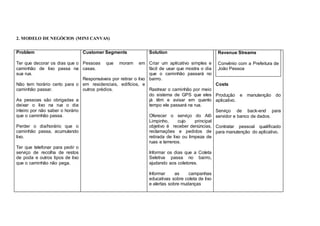 2. MODELO DE NEGÓCIOS (MINI CANVAS)
Problem
Ter que decorar os dias que o
caminhão de lixo passa na
sua rua.
Não tem horário certo para o
caminhão passar.
As pessoas são obrigadas a
deixar o lixo na rua o dia
inteiro por não saber o horário
que o caminhão passa.
Perder o dia/horário que o
caminhão passa, acumulando
lixo.
Ter que telefonar para pedir o
serviço de recolha de restos
de poda e outros tipos de lixo
que o caminhão não pega.
Customer Segments
Pessoas que moram em
casas.
Responsáveis por retirar o lixo
em residenciais, edifícios, e
outros prédios.
Solution
Criar um aplicativo simples e
fácil de usar que mostra o dia
que o caminhão passará no
bairro.
Rastrear o caminhão por meio
do sistema de GPS que eles
já têm e avisar em quanto
tempo ele passará na rua.
Oferecer o serviço do Alô
Limpinho, cujo principal
objetivo é receber denúncias,
reclamações e pedidos de
retirada de lixo ou limpeza de
ruas e terrenos.
Informar os dias que a Coleta
Seletiva passa no bairro,
ajudando aos coletores.
Informar as campanhas
educativas sobre coleta de lixo
e alertas sobre mudanças
Revenue Streams
Convênio com a Prefeitura de
João Pessoa
Costs
Produção e manutenção do
aplicativo.
Serviço de back-end para
servidor e banco de dados.
Contratar pessoal qualificado
para manutenção do aplicativo.
 