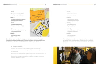 METODOLOGIA METHODOLOGY METODOLOGIA METHODOLOGY36 37
• EQUIPE 1:
Acompanhamento terapêutico;
Reconhecimento da doença
• EQUIPE 2:
Dificuldade no diagnóstico precoce
Desconhecimento da doença
• EQUIPE 3:
Dificuldade no diagnóstico
Acompanhamento psicológico
• EQUIPE 4:
Falta de informação sobre a doença
Capacitação profissional
• EQUIPE 5:
Desqualificação da dor
Rede de apoio
Estes desafios representam deficiências ou oportunidades que, uma vez trabalhadas, podem
impactar positivamente a vida de milhões de mulheres portadoras de Endometriose.Tão logo,
são demandas que devem ser consideradas no âmbito de intervenções públicas.
6. Worked challenges
Inspired by the conversation on the possibilities of public interventions for
Endometriosis, the teams resumed the reflections pined on the mural of challenges of
the third activity.
Participants were asked to mark the challenges they consider more relevant among the
25 exposed on the mural. At the end of this activity, the most voted challenges were
divided among the groups according to their preferences. Each group received two
challenges, distributed as follows:
•TEAM 1:
Therapeutic treatment
Diagnose the disease
•TEAM 2:
Difficulty in early diagnosis
Unawareness of the disease
•TEAM 3:
Difficulty in diagnosis
Psychological support
•TEAM 4:
Lack of information on the disease
Professional qualification
•TEAM 5:
Pain disqualification
Support Network
These challenges represent deficiencies or opportunities that, once explored,
can positively impact the lives of millions of women who carry Endometriosis.
Therefore, they are demands that should be considered in the sphere of public
interventions.
 