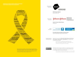 WORKSHOP DE DESIGN THINKING SOBRE ENDOMETRIOSE
DESIGN THINKING WORKSHOP ABOUT ENDOMETRIOSIS
Nuvem de palavras geradas a partir das respostas dos participantes
do workshop à pergunta " Quais 3 palavras melhor definem o evento?"
Cloud of words generated from the answers of the workshop participants
to the question "What 3 words best define the event?"
ORGANIZAÇÃO
COORDINATION
DUCO Design Intelligence
www.ducontact.com
IDEALIZAÇÃO
IDEALIZATION
Jonhson & Jonhson Medical Devices
www.jnj.com
APOIO
PARTNERSHIP
AGRADECIMENTOS
ACKNOWLEDGEMENTS
Procuradoria Especial da Mulher do Senado Federal
www12.senado.leg.br/institucional/procuradoria
Agradecimento especial para Patricia Novie, Raquel Meneses, Bruna Herrera,
Clarissa Ilgenfritz, Nidia Meirelles e Caroline Salazar pela contribuição para
a construção deste workshop.
A special thank you to Patricia Novie, Raquel Meneses, Bruna
Herrera, Clarissa Ilgenfritz, Nidia Meirelles e Caroline Salazar for the
contribution on the development of this workshop.
A distribuição deste documento é permitida e seu conteúdo segue os termos
e as condições da Licença Pública Internacional de Atribuição-NãoComercial-
CompartilhaIgual Creative Commons (CC BY-NC-SA).
This is an open access document published under the terms of the Creative
Commons Attribution-NonCommercial-ShareAlike License (CC BY-NC-SA).
 
