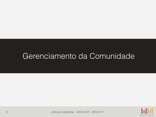 13
Gerenciamento da Comunidade
Johnny's Costelaria – 2016/2/27 - 2016/5/11
 