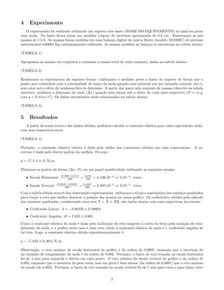 4     Experimento
    O experimento foi realizado utilizando um suporte com haste (NOME DO EQUIPAMENTO) no qual era presa
uma mola. Na haste ﬁcava presa um medidor (r´gua) de incerteza aproximada de 0,2 cm. Numeramos as seis
                                                  e
massas de 1 ` 6. As massas foram medidas em uma balan¸a digital da marca Marte (modelo AS1000C) de precis˜o
            a                                           c                                                  a
instrumental 0,00001 Kg cuidadosamente calibrada. As massas medidas na balan¸a se encontram na tabela abaixo:
                                                                            c

(TABELA 1)

Agrupamos as massas em conjuntos e somamos a massa total de cada conjunto, dados na tabela abaixo:

(TABELA 2)

Realizamos os experimento da seguinte forma: calibramos o medidor preso a haste do suporte de forma que o
ponto zero coincidisse com a extremidade de baixo da mola quando essa estivesse em seu tamanho natural, isto ´, e
sem estar sob o efeito de nenhuma fora de distens˜o. A partir da´ para cada conjunto de massas (descrito na tabela
                                                 a              ı,
anterior), medimos a distens˜o da mola (∆x) quando esta estava sob o efeito de cada peso respectivo (P = m.g,
                             a
com g = 9, 81m/s2 ). Os dados encontrados est˜o relacionados na tabela abaixo:
                                               a

(TABELA 3)


5     Resultados
   A partir da nossa teoria e dos dados obtidos, pudemos calcular a constante el´stica para cada experimento dado,
                                                                                a
com seus respectivos erros:

(TABELA 4)

Portanto, a constante el´stica te´rica ´ dada pela m´dia das constantes obtidas em cada experimento. A in-
                         a       o     e              e
certeza ´ dada pelo desvio padr˜o da medida. Ou seja:
        e                      a

µ = (7, 5 ± 0, 3) N/m

Plotamos os pontos da forma (∆x, P ) em um papel quadriculado utilizando as seguintes escalas:
                            (0,089−0,014)       0,075
    • Escala Horizontal:         180        =    180     = 4, 166.10−4 ⇒ 5.10−4 : 1mm
                         (0,6849−0,0982)        0,5867
    • Escala Vertical:         280          =    280     = 2, 095.10−3 ⇒ 3.10−3 : 1mm

Com a tabela obtida atrav´s das observa¸˜es experimentais, utilizamos a t´cnica matem´tica dos m´
                         e             co                                e           a          ınimos quadrados
para tra¸ar a reta que melhor descreve a posi¸˜o dos pontos em nosso gr´ﬁco. Os coeﬁcientes obtidos pelo m´todo
        c                                    ca                          a                                 e
dos m´ınimos quadrados, considerando uma reta Y = A + BX, s˜o dados abaixo com suas respectivas incertezas:
                                                                 a
    • Coeﬁciente Linear: A = −0.00102 ± 0, 00004
    • Coeﬁciente Angular: B = 7.633 ± 0.001

Como a constante el´stica da mola ´ dada pela inclina¸˜o da reta tangente ` curva da for¸a pela varia¸˜o de com-
                     a               e                 ca                 a             c            ca
primento da mola, e o gr´ﬁco neste caso ´ uma reta, ent˜o a constante el´stica da mola ´ o coeﬁciente angular de
                         a                e               a             a              e
tal reta. Logo, a constante el´stica obtida experiementalmente ´:
                              a                                e

µ = (7, 633 ± 0, 001) N/m

Observa¸˜o: o erro m´
        ca             ınimo da escala horizontal do gr´ﬁco ´ da ordem de 0,0005, enquanto que o incerteza do
                                                       a     e
da varia¸˜o de comprimento da mola ´ da ordem de 0,002. Portanto, a barra de erro tomada na escala horizontal
        ca                            e
foi de 4 mm para esquerda e direita em cada ponto. O erro m´    ınimo da escala vertical do gr´ﬁco ´ da ordem de
                                                                                              a    e
0,003, enquanto que a incerteza do peso varia, mas em geral ´ bem menor (da ordem de 0,0001) que o erro m´
                                                            e                                               ınimo
da escala (de 0,003). Portanto, a barra de erro tomada na escala vertical foi de 1 mm para cima e para baixo (erro


                                                                   2
 