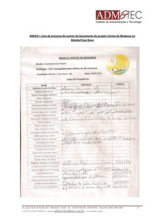 ANEXO I -Lista de presença do evento de lançamento do projeto Ventos da Mudança no
Malvão/Casa Nova

Av. Sport Clube do Recife, 252 – Madalena - Recife - PE - CEP 50.750-500 (FCAP/UPE) - Fone/FAX: (081) 3445-4469
CNPJ. 35.328.913/0001-16 - Email: admtec@admtec.org.br - www.admtec.org.br

7

 